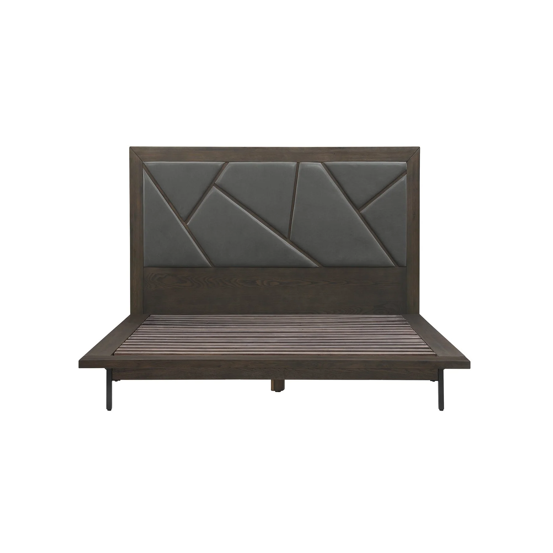 Marquis 4 Piece Queen Size Platform Bed Frame Bedroom Set in Oak Wood with Faux Leather Headboard - Image 2