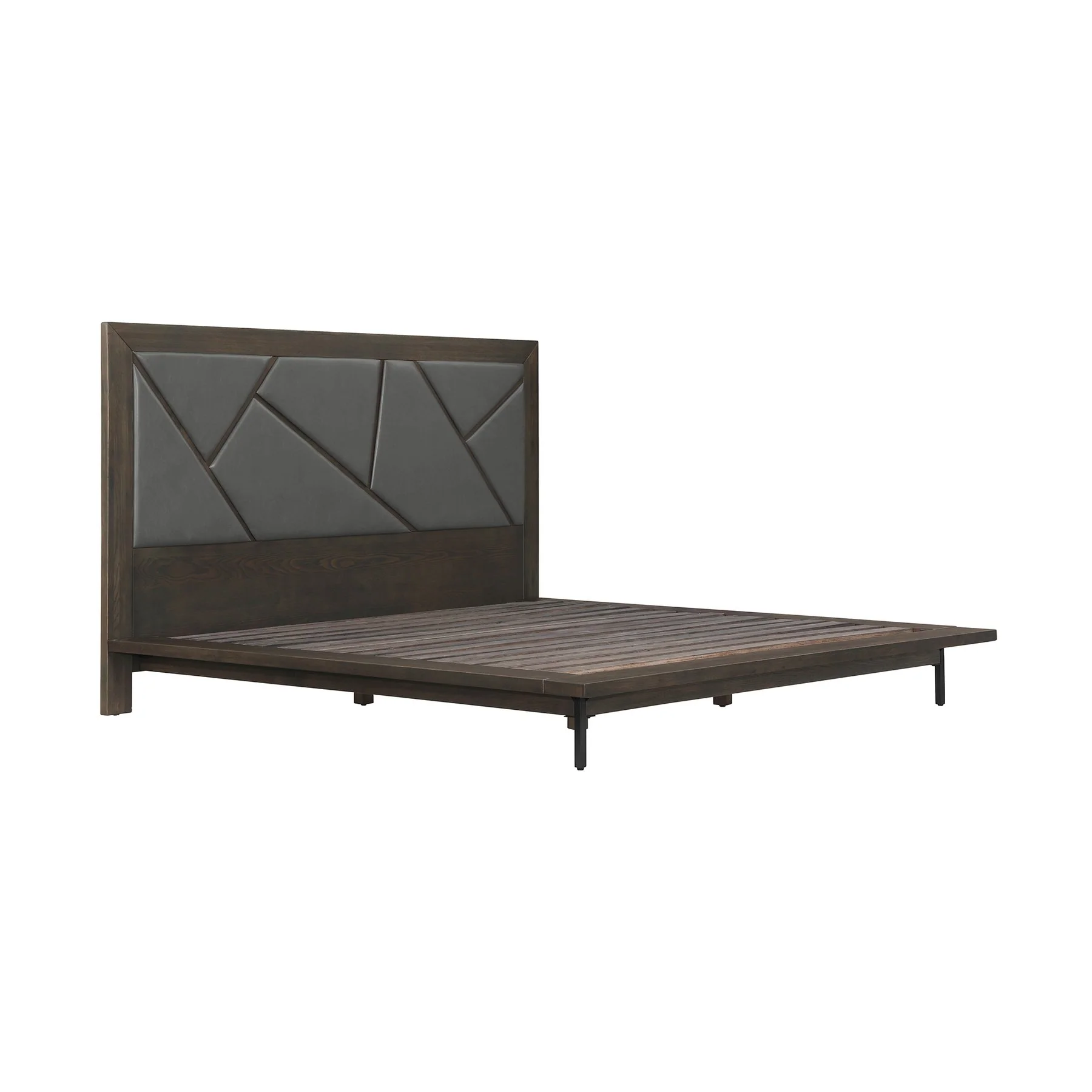 Marquis King Size Platform Bed Frame in Oak Wood with Faux Leather Headboard and Black Metal Legs - Image 2