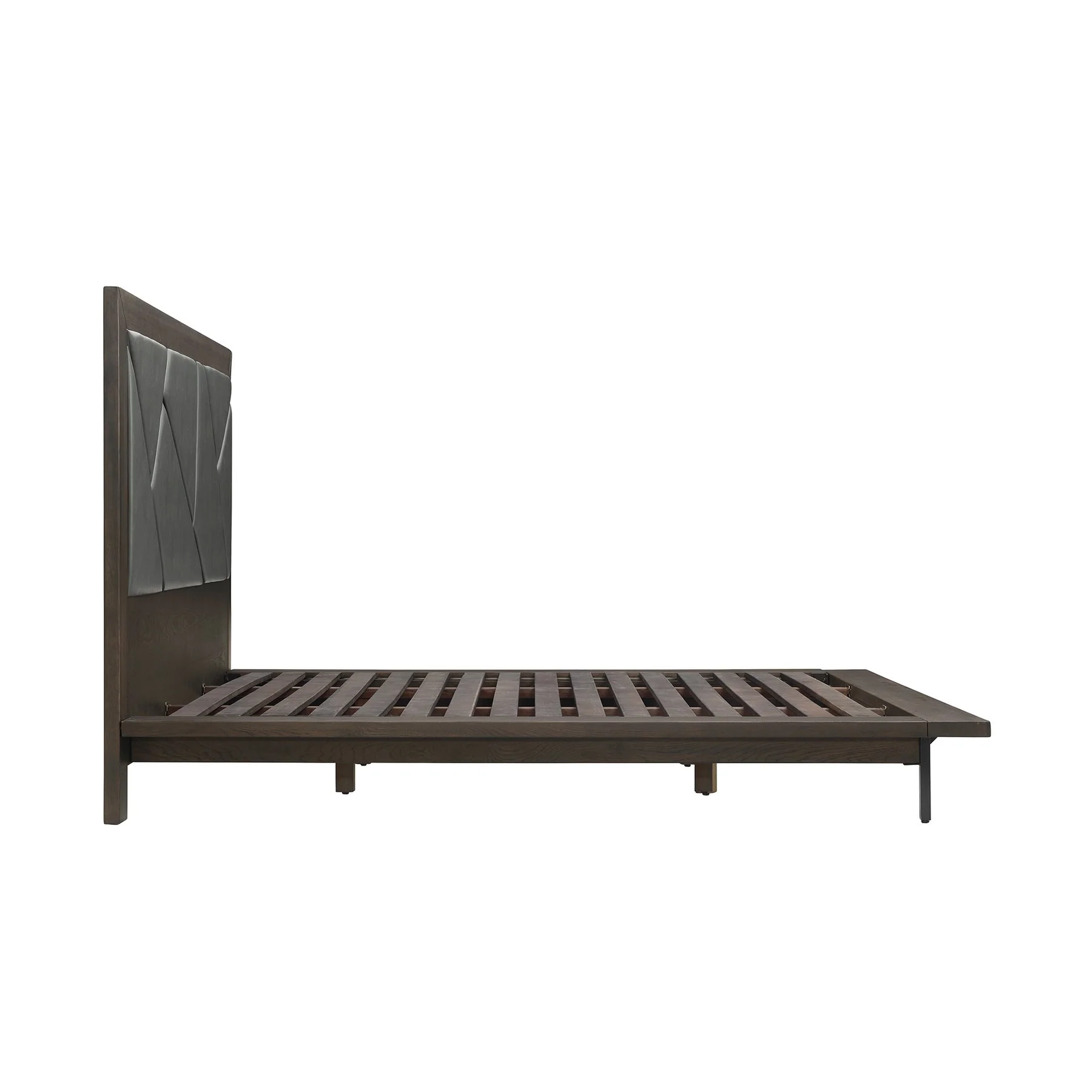 Marquis King Size Platform Bed Frame in Oak Wood with Faux Leather Headboard and Black Metal Legs - Image 3