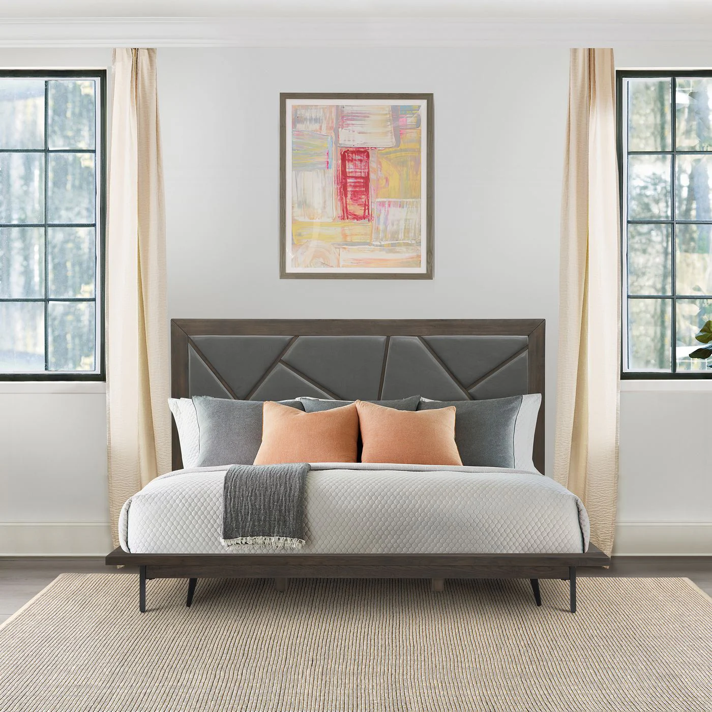Marquis Queen Size Platform Bed Frame in Oak Wood with Faux Leather Headboard and Black Metal Legs - Image 11