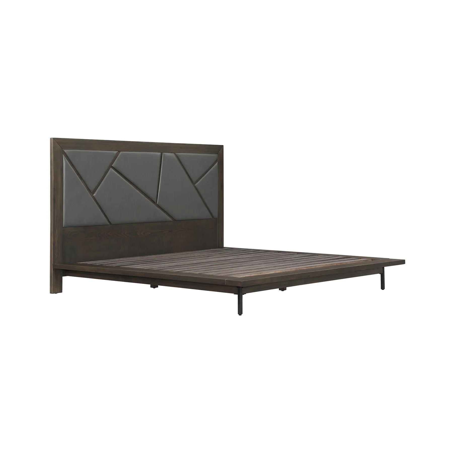 Marquis Queen Size Platform Bed Frame in Oak Wood with Faux Leather Headboard and Black Metal Legs - Image 2