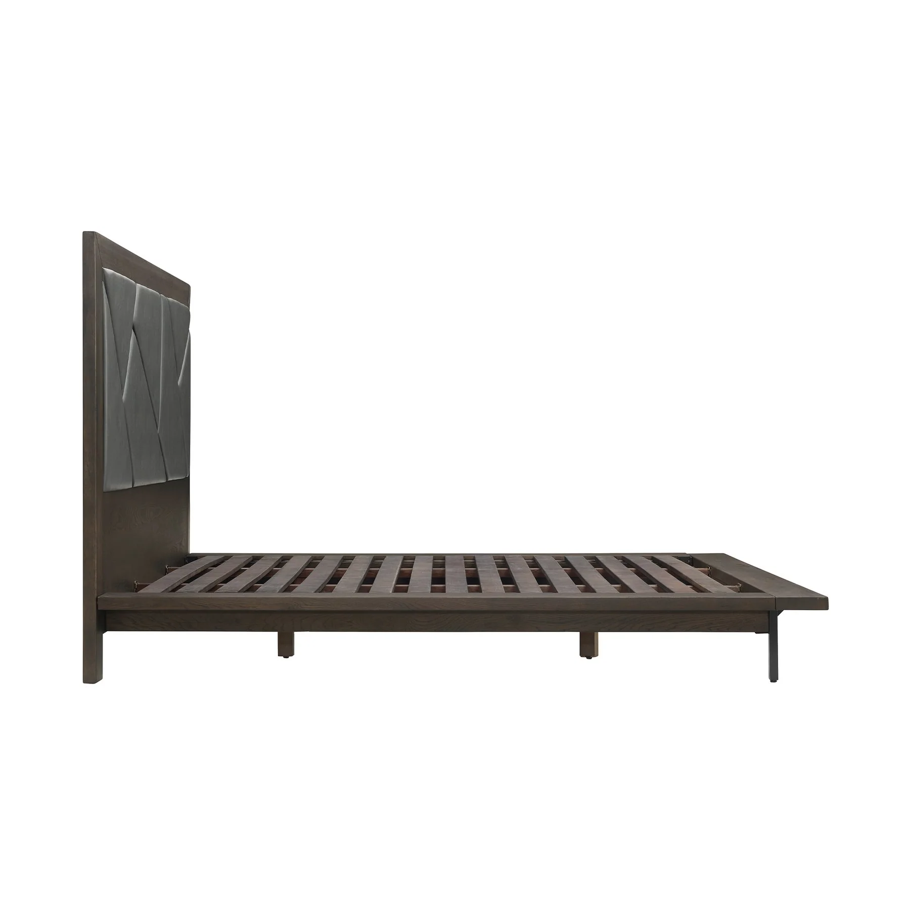 Marquis Queen Size Platform Bed Frame in Oak Wood with Faux Leather Headboard and Black Metal Legs - Image 3