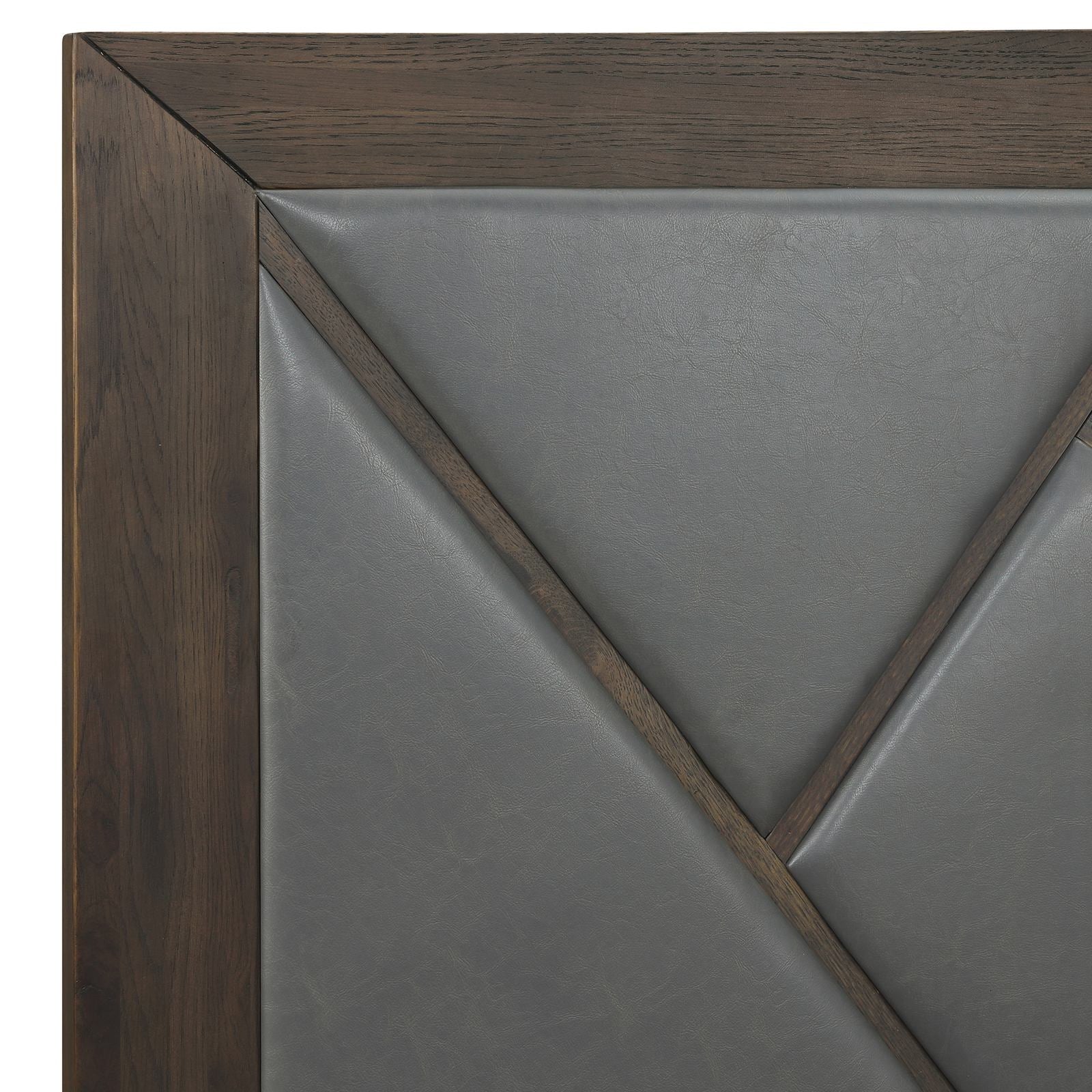 Marquis Queen Size Platform Bed Frame in Oak Wood with Faux Leather Headboard and Black Metal Legs - Image 5