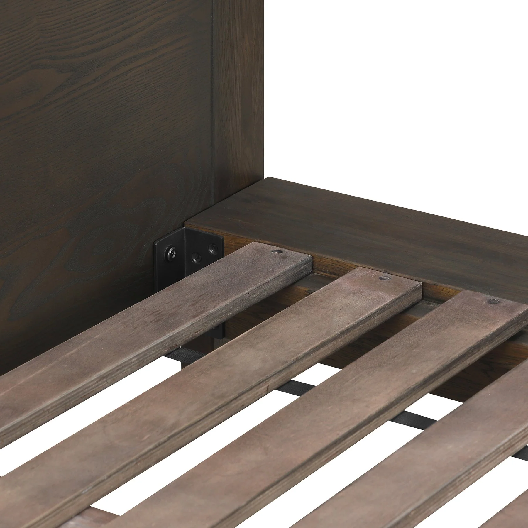 Marquis Queen Size Platform Bed Frame in Oak Wood with Faux Leather Headboard and Black Metal Legs - Image 6
