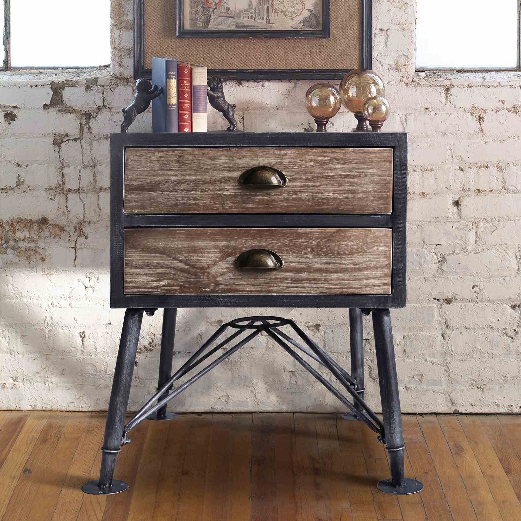 Mathis Industrial 2-Drawer End Table in Industrial Gray and Pine Wood - Image 6