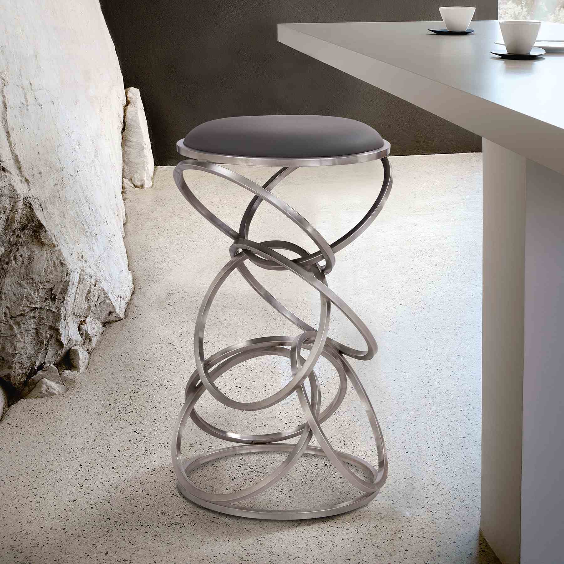 Medley Contemporary 30" Bar Height Barstool in Brushed Stainless Steel Finish and Gray Faux Leather - Image 6