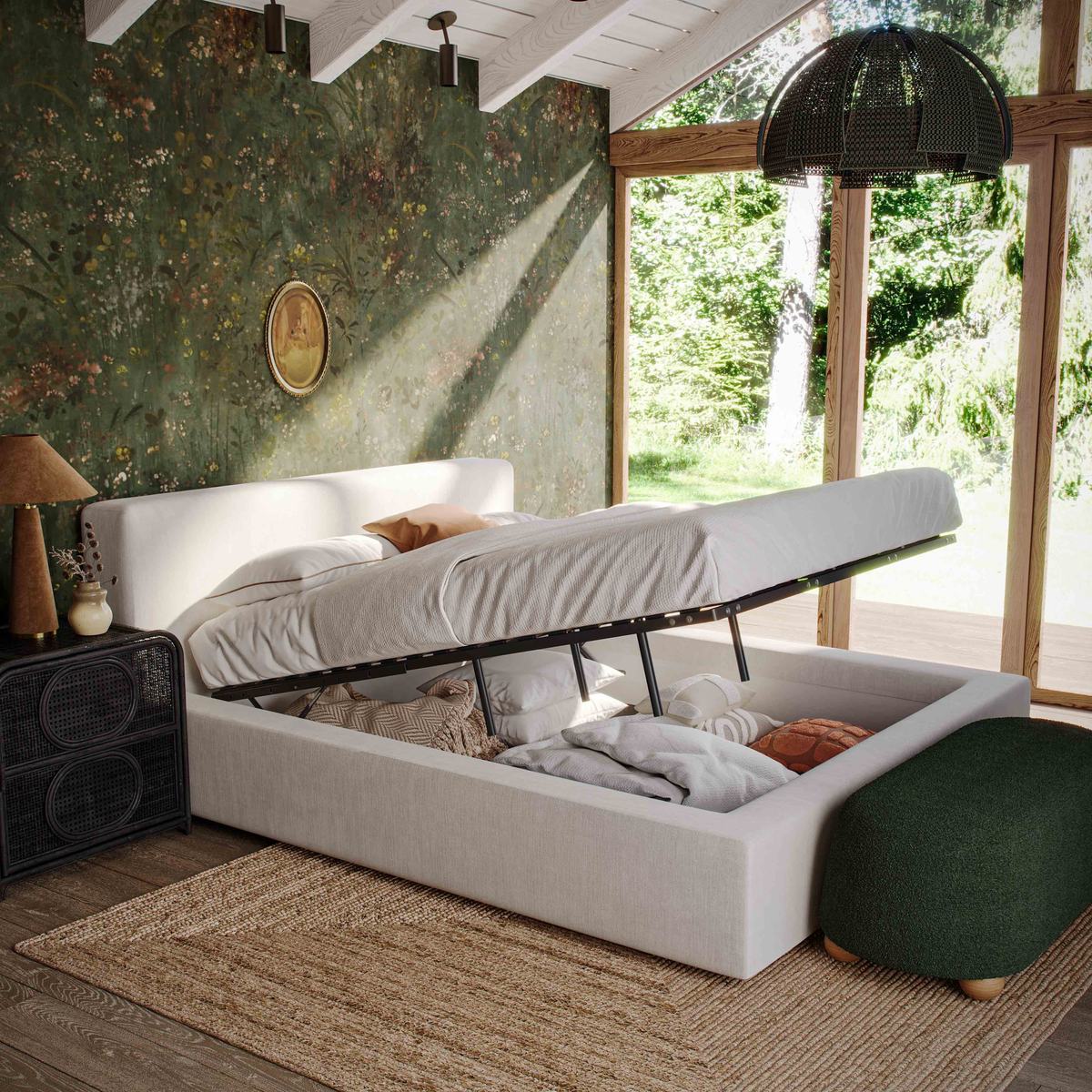Meena Cream Upcycled Linen Storage Queen Bed - Image 2