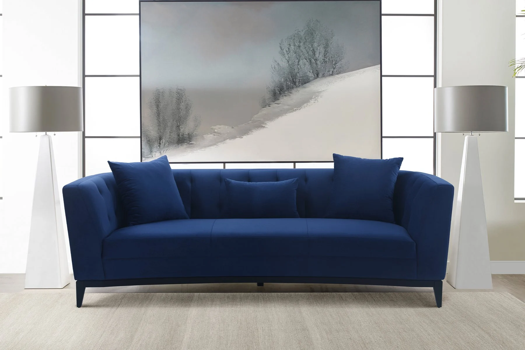 Melange Blue Velvet Upholstered Sofa with Black Wood Base - Image 8