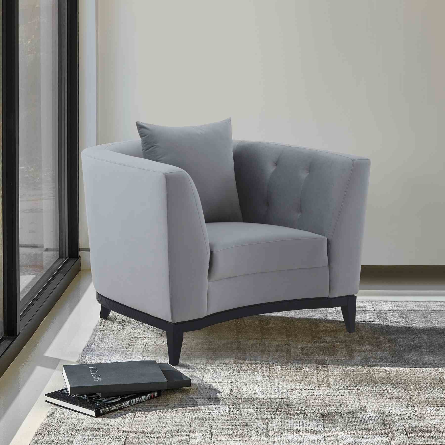 Melange Gray Velvet Accent Chair with Black Wood Base - Image 7