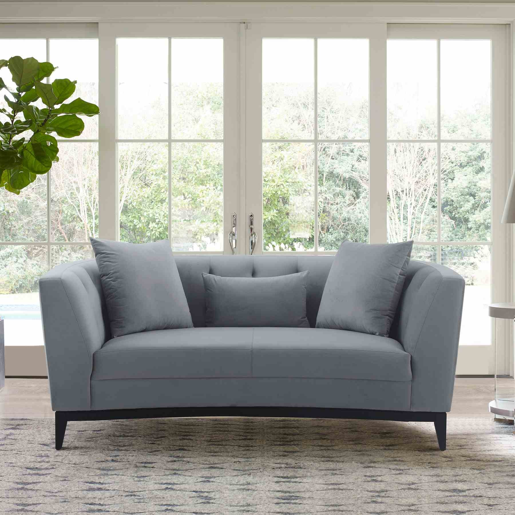 Melange Gray Velvet Loveseat with Black Wood Base - Image 7