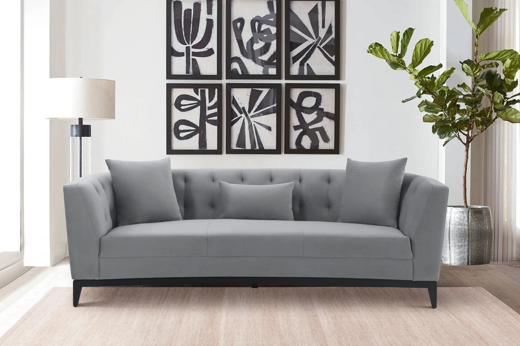 Melange Gray Velvet Sofa with Black Wood Base - Image 8