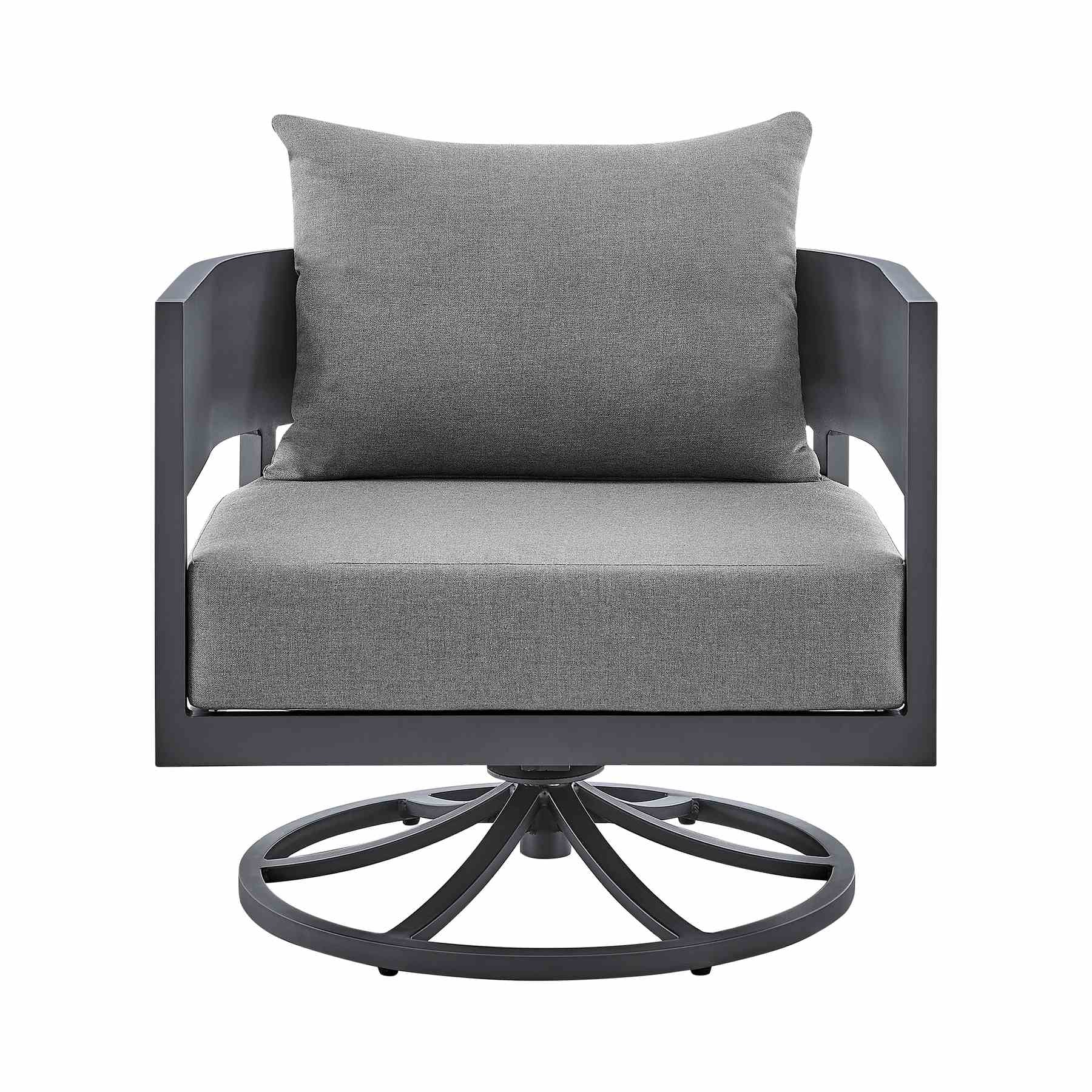 Menorca 3 Piece Patio Outdoor Swivel Seating Set in Dark Gray Aluminum with Gray Cushions - Image 3