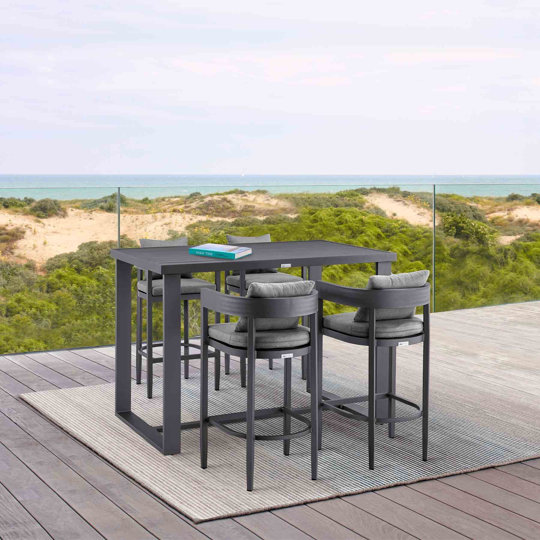 Menorca Outdoor Patio 5-Piece Bar Table Set in Aluminum with Gray Cushions - Image 12