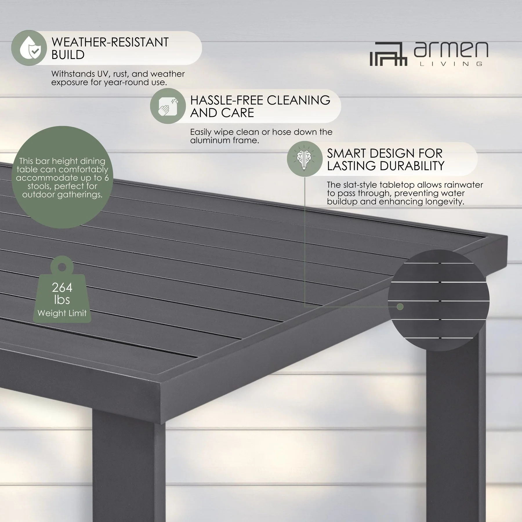 Menorca Outdoor Patio Bar Height Dining Table in Aluminum - Image 9