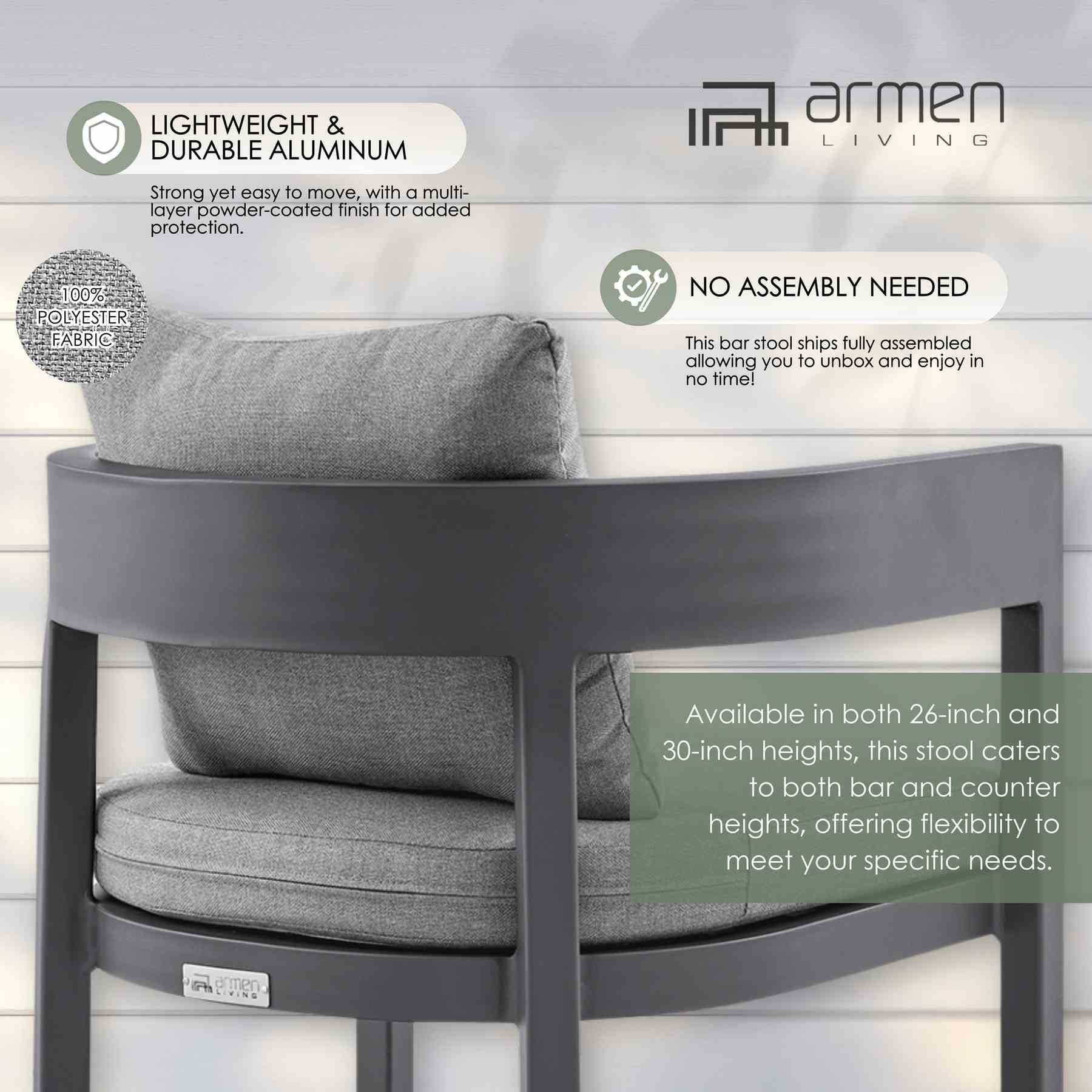Menorca Outdoor Patio Bar Stool in Aluminum with Gray Cushions - Image 12