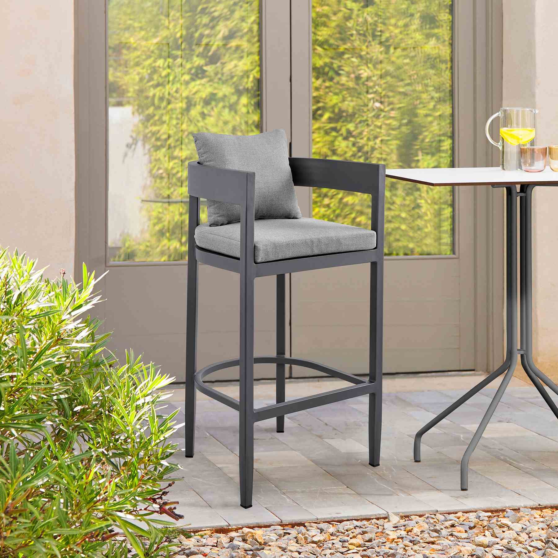 Menorca Outdoor Patio Bar Stool in Aluminum with Gray Cushions - Image 9