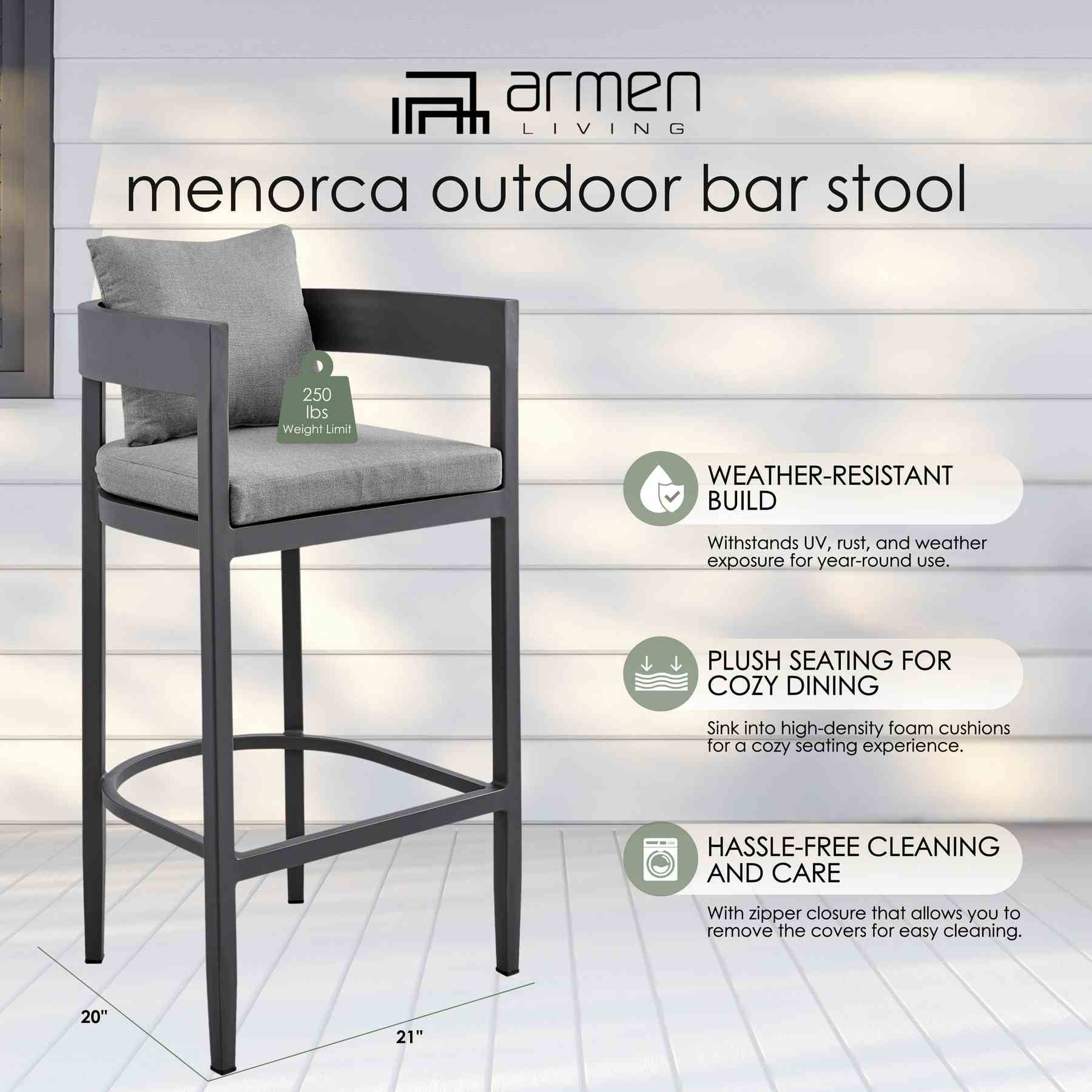Menorca Outdoor Patio Counter Height Bar Stool in Aluminum with Gray Cushions - Image 11
