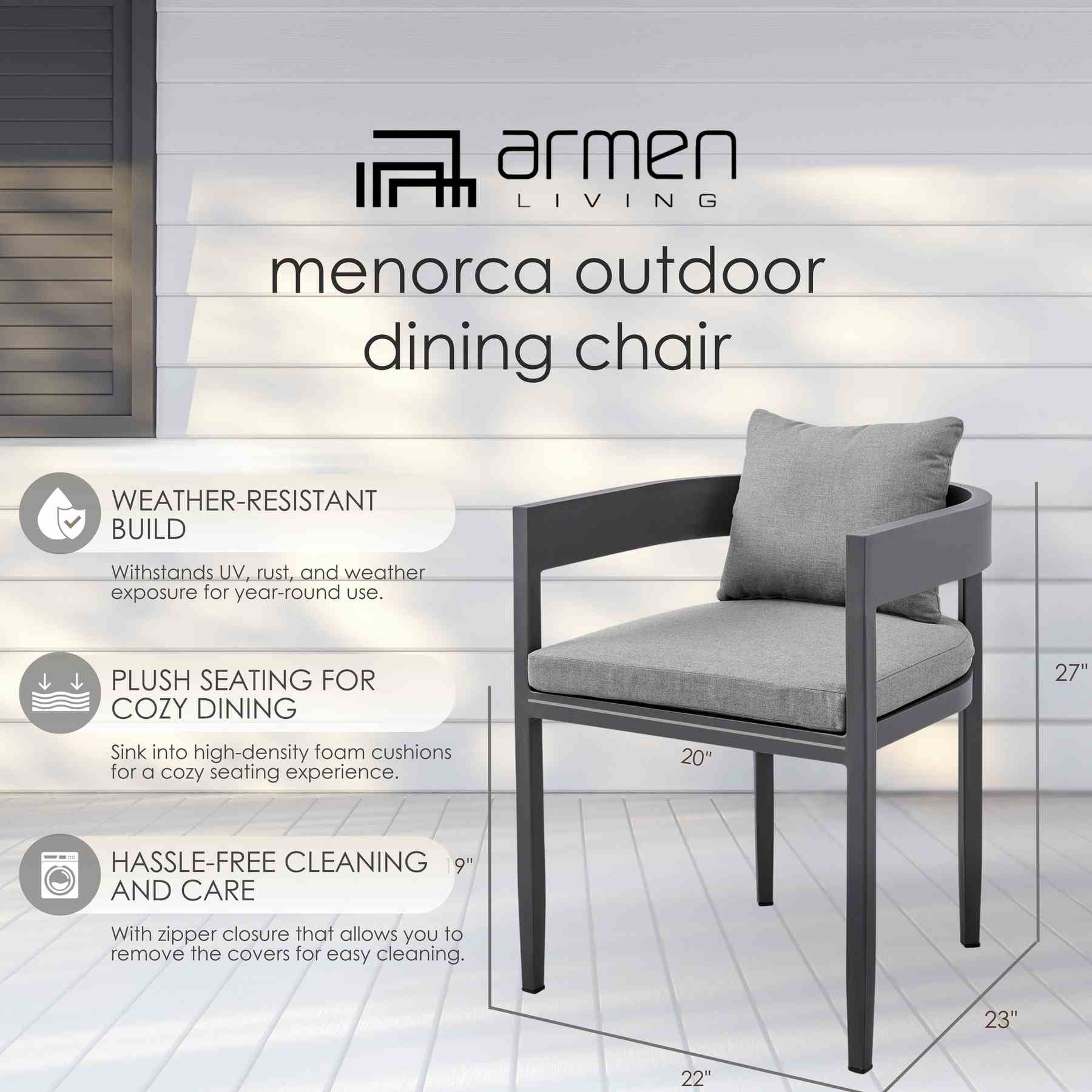 Menorca Outdoor Patio Dining Chairs in Aluminum with Gray Cushions - Set of 2 - Image 12