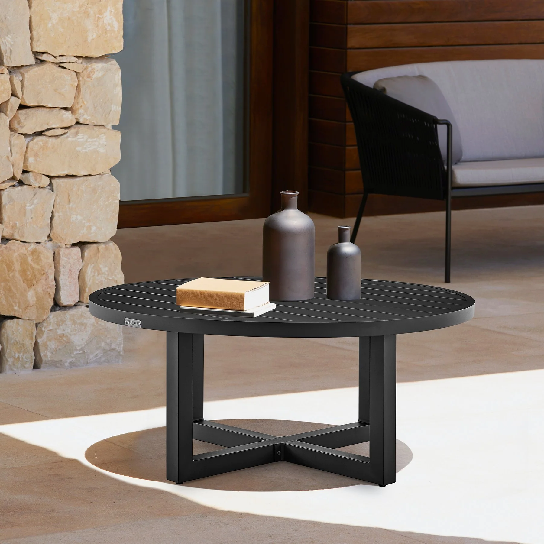 Menorca Outdoor Patio Round Coffee Table in Black Aluminum - Image 7