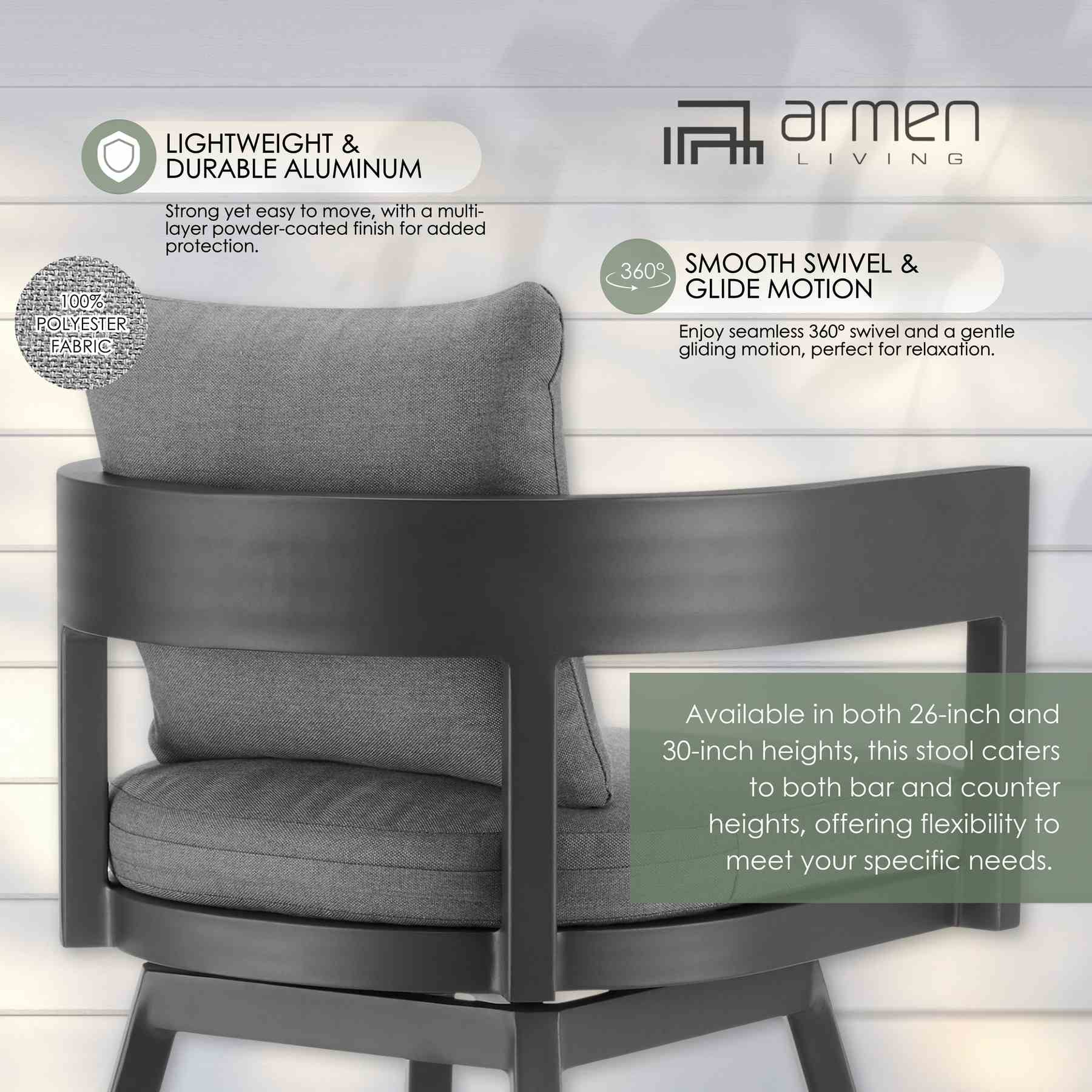 Menorca Outdoor Patio Swivel Bar Stool in Aluminum with Gray Cushions - Image 12