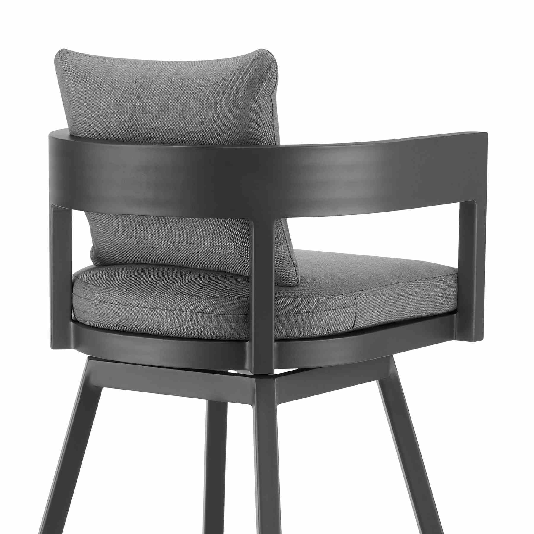 Menorca Outdoor Patio Swivel Bar Stool in Aluminum with Gray Cushions - Image 5