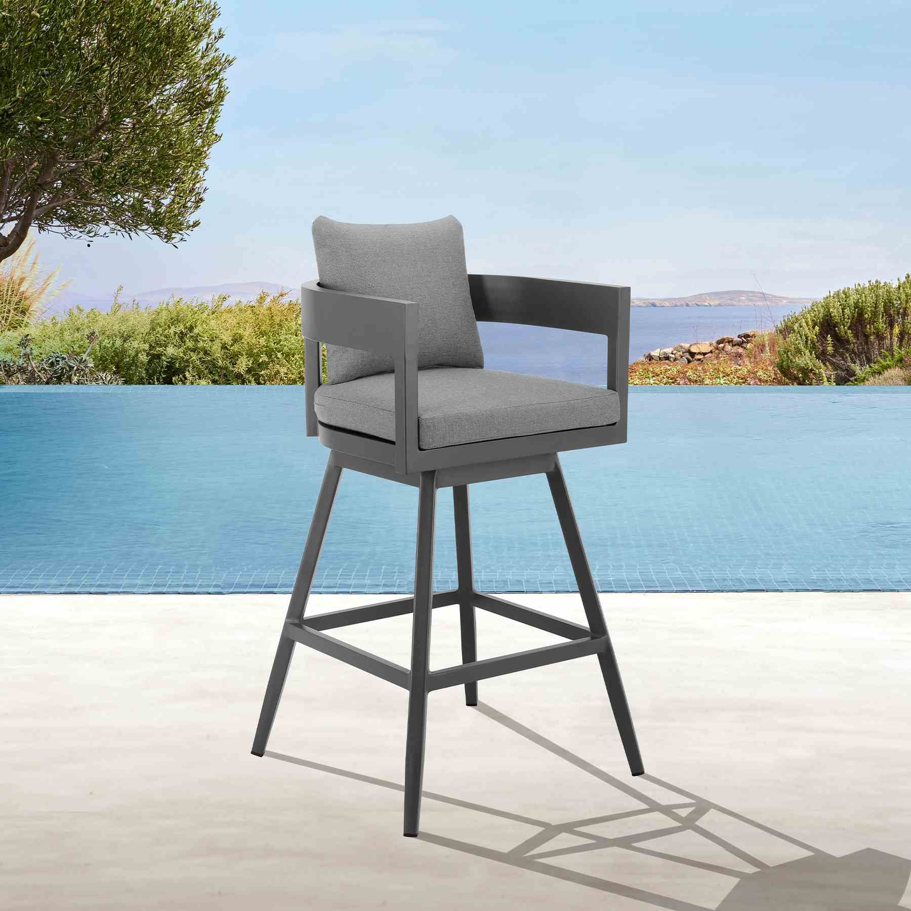 Menorca Outdoor Patio Swivel Counter Stool in Aluminum with Gray Cushions - Image 10