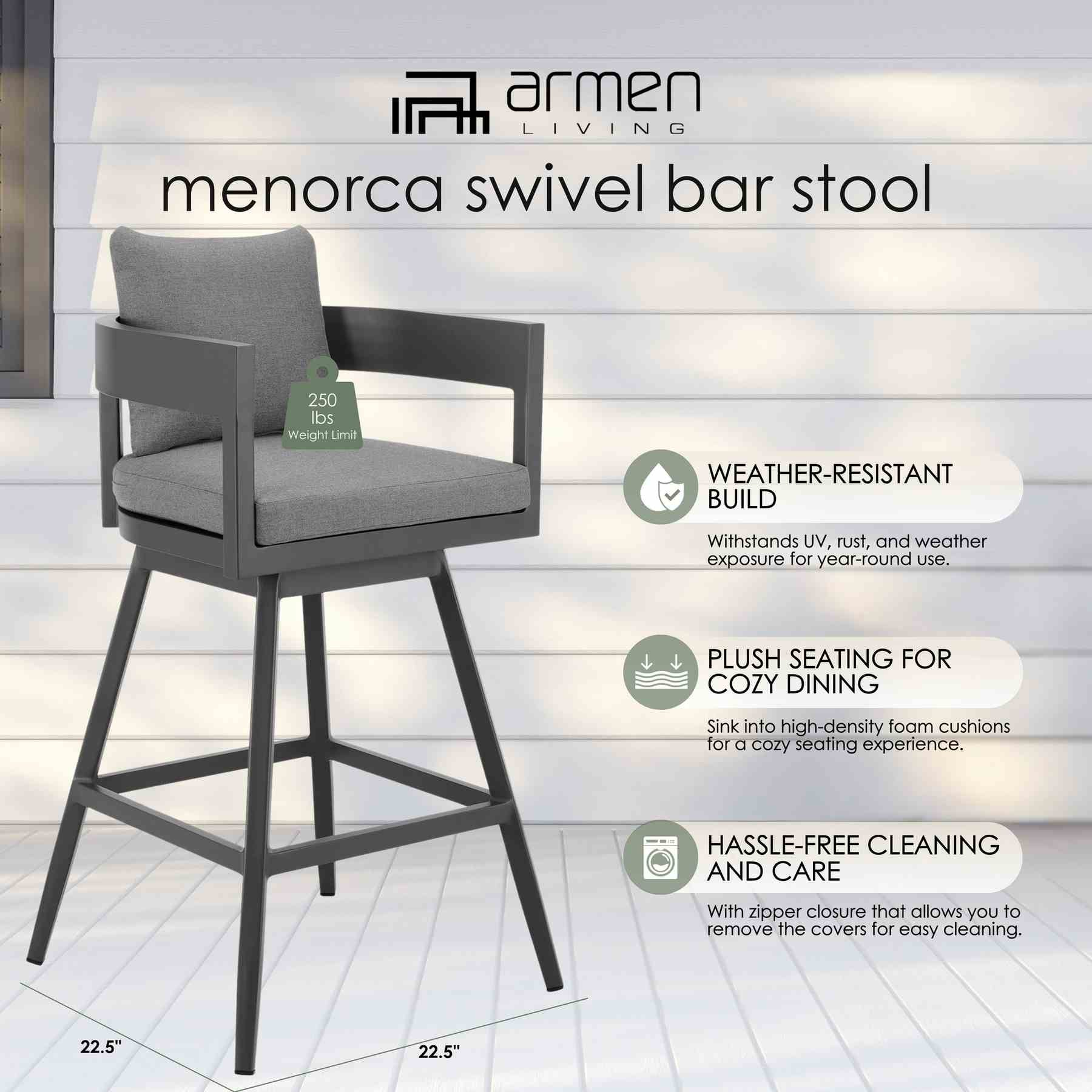 Menorca Outdoor Patio Swivel Counter Stool in Aluminum with Gray Cushions - Image 11