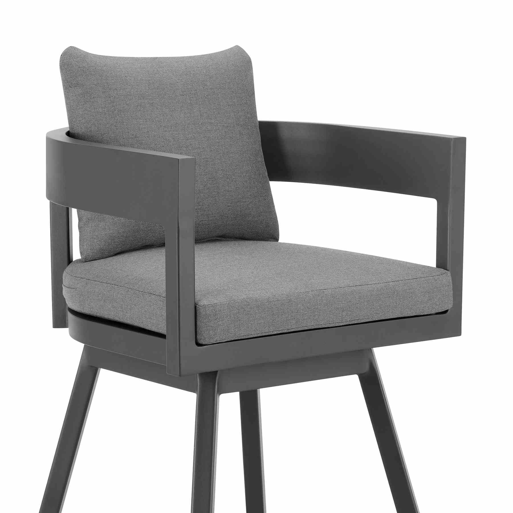 Menorca Outdoor Patio Swivel Counter Stool in Aluminum with Gray Cushions - Image 4
