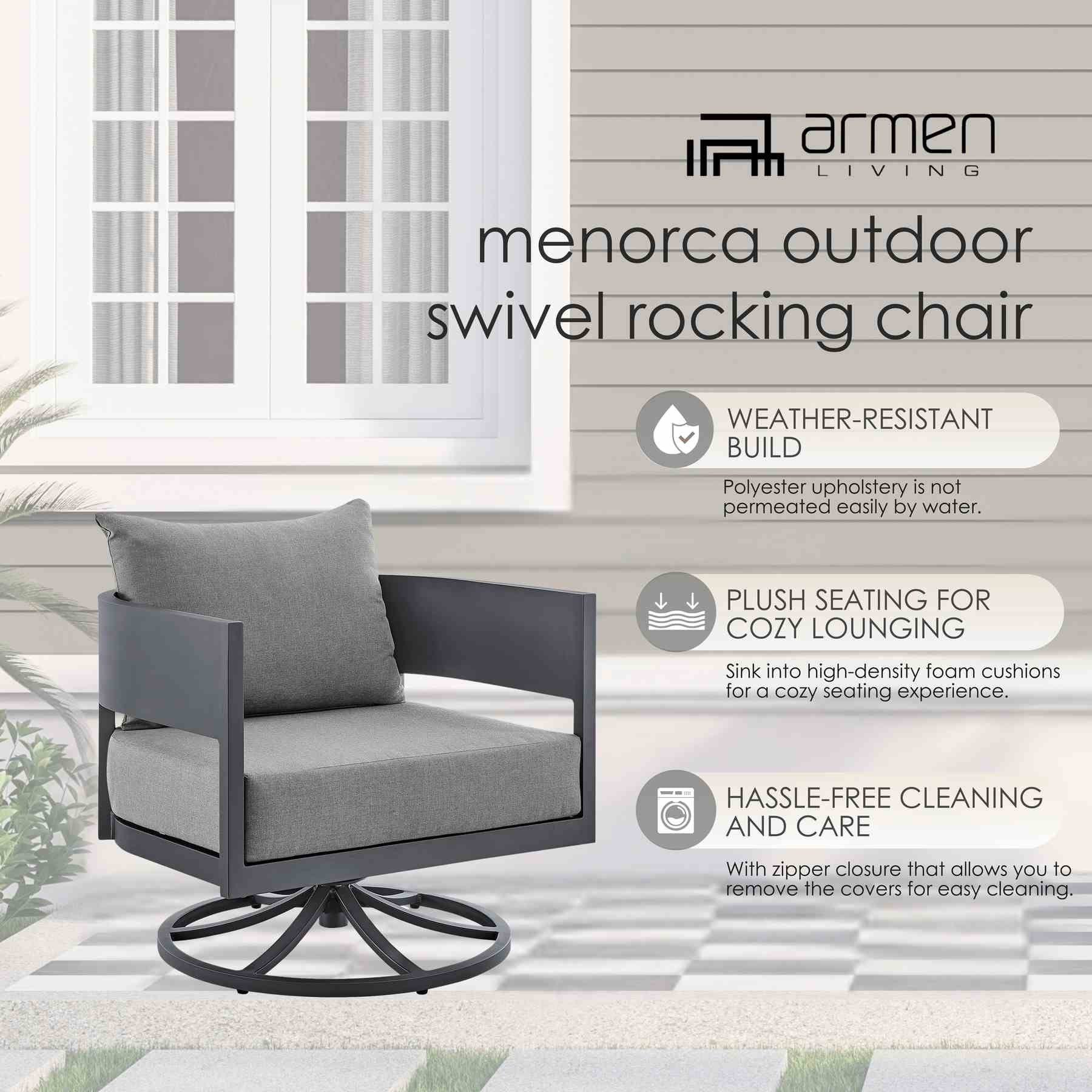 Menorca Outdoor Patio Swivel Rocking Chair in Gray Aluminum with Cushions - Image 10
