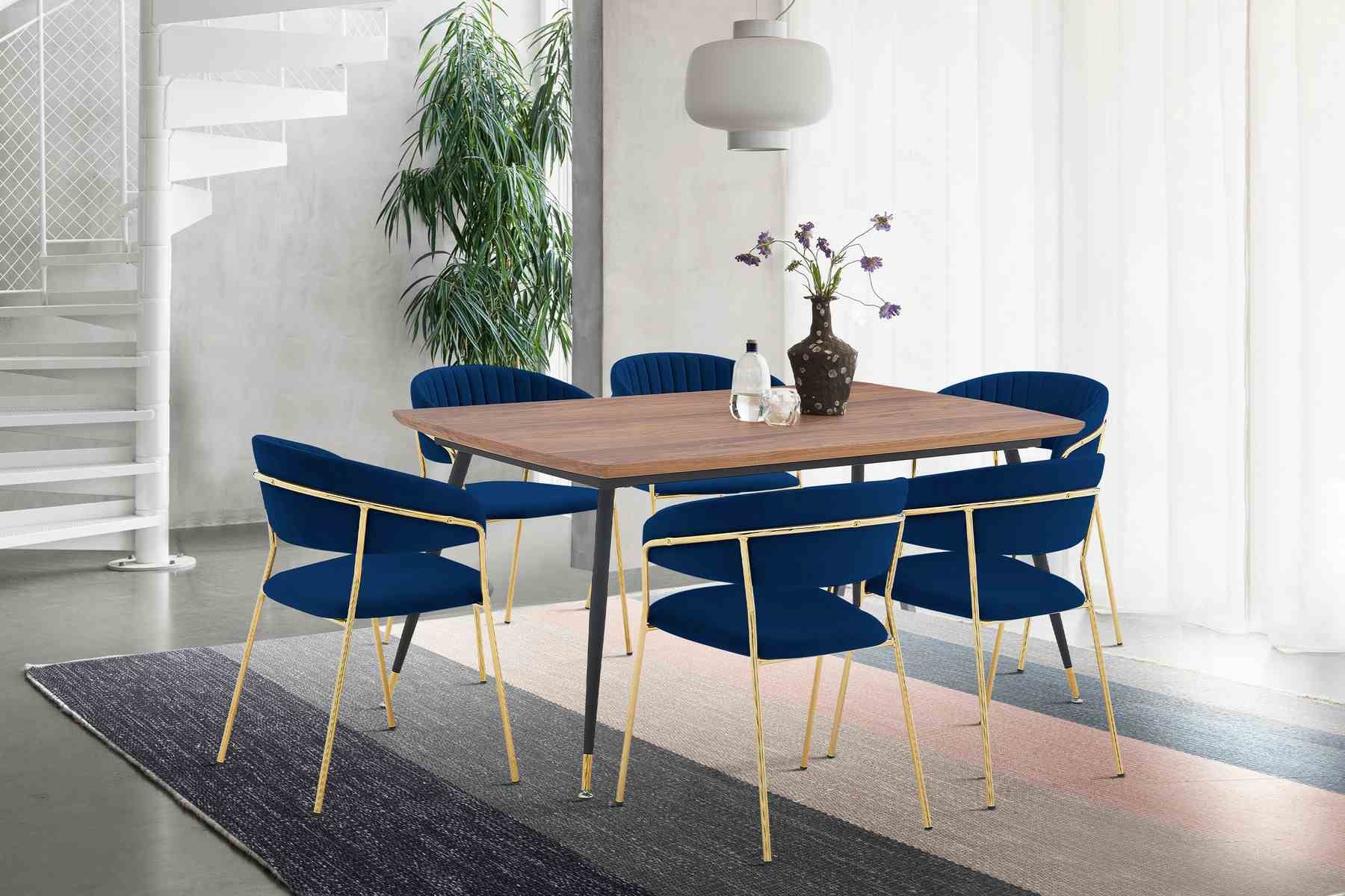 Messina and Nara Blue Velvet 7 Piece Rectangular Dining Set - Image 8