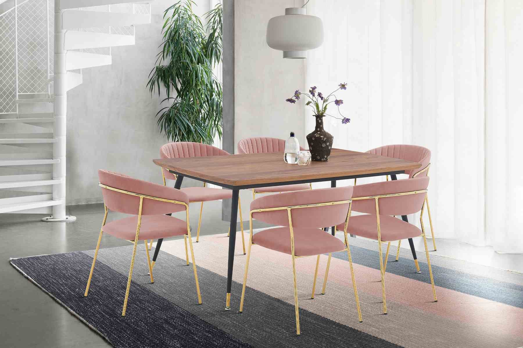 Messina and Nara Pink Velvet 7 Piece Rectangular Dining Set - Image 8