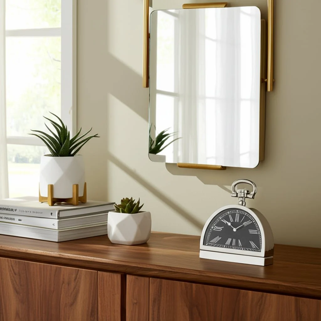 Metal,10"h,leaning  Table-clock W/handle,nickel - Image 9