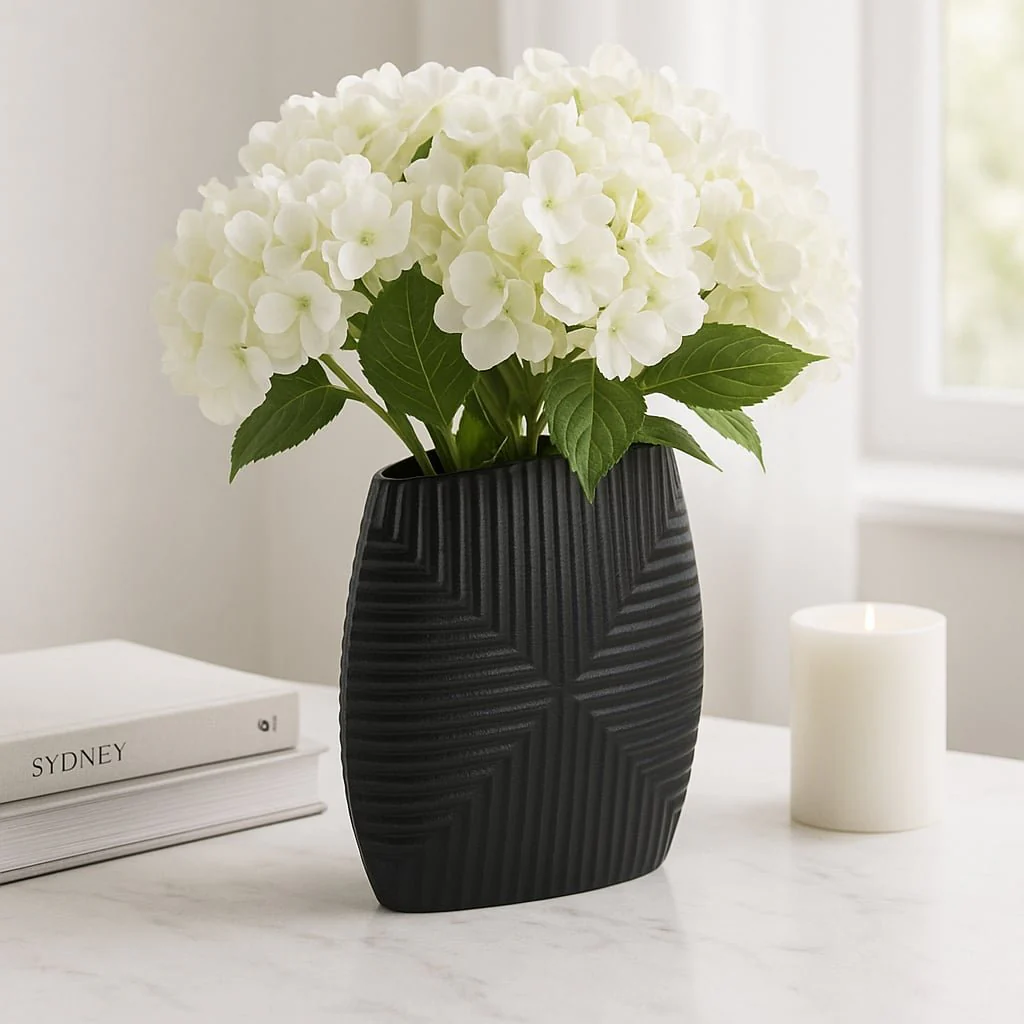 Metal, 10"h Ribbed Vase, Matte Black - Image 2