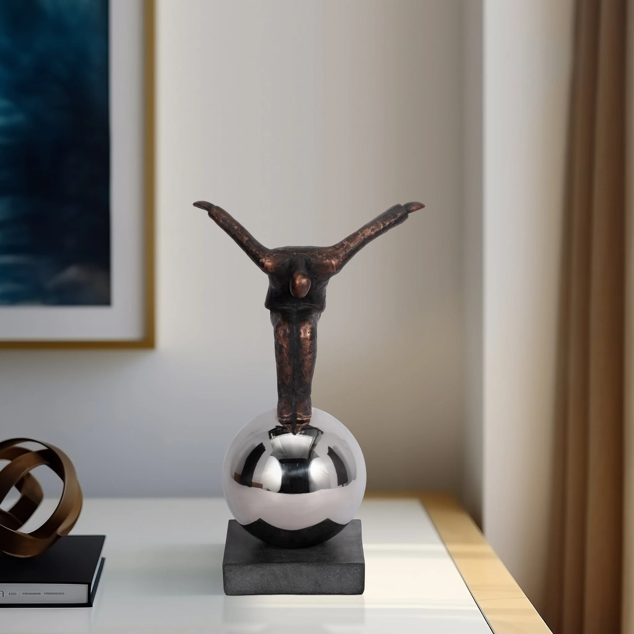 Metal 12" Balancing Man On Sphere, Bronze - Image 12