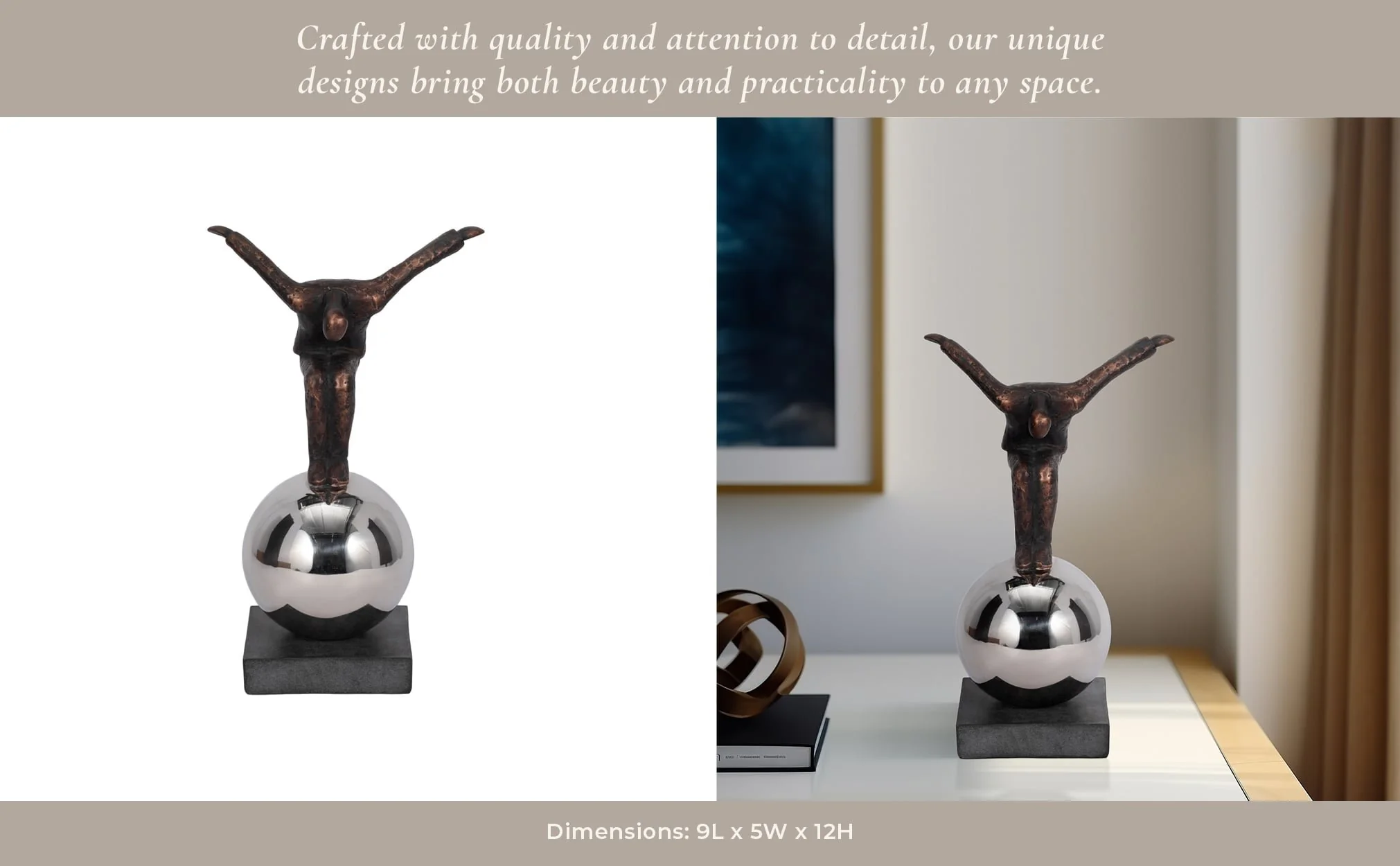 Metal 12" Balancing Man On Sphere, Bronze - Image 13