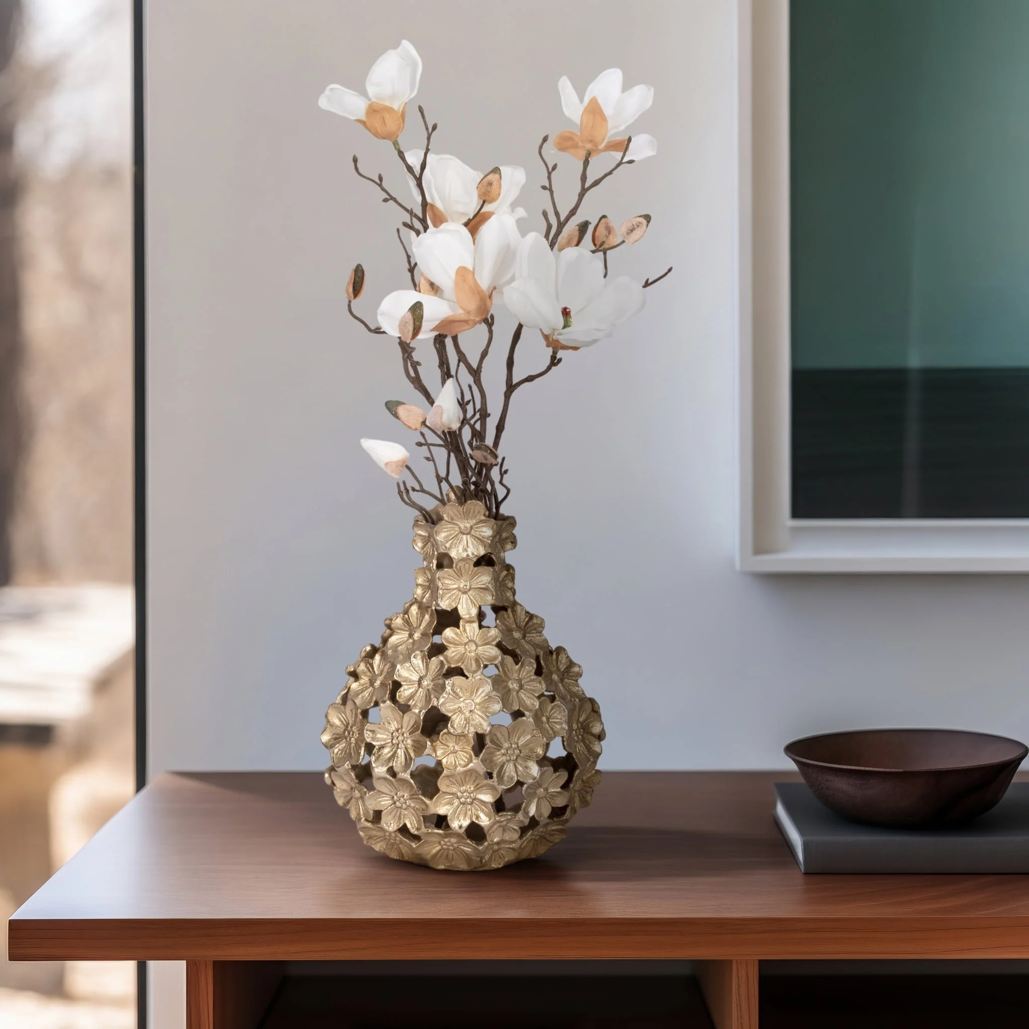 Metal, 12" Cut-out Flower Vase, Champagne - Image 11