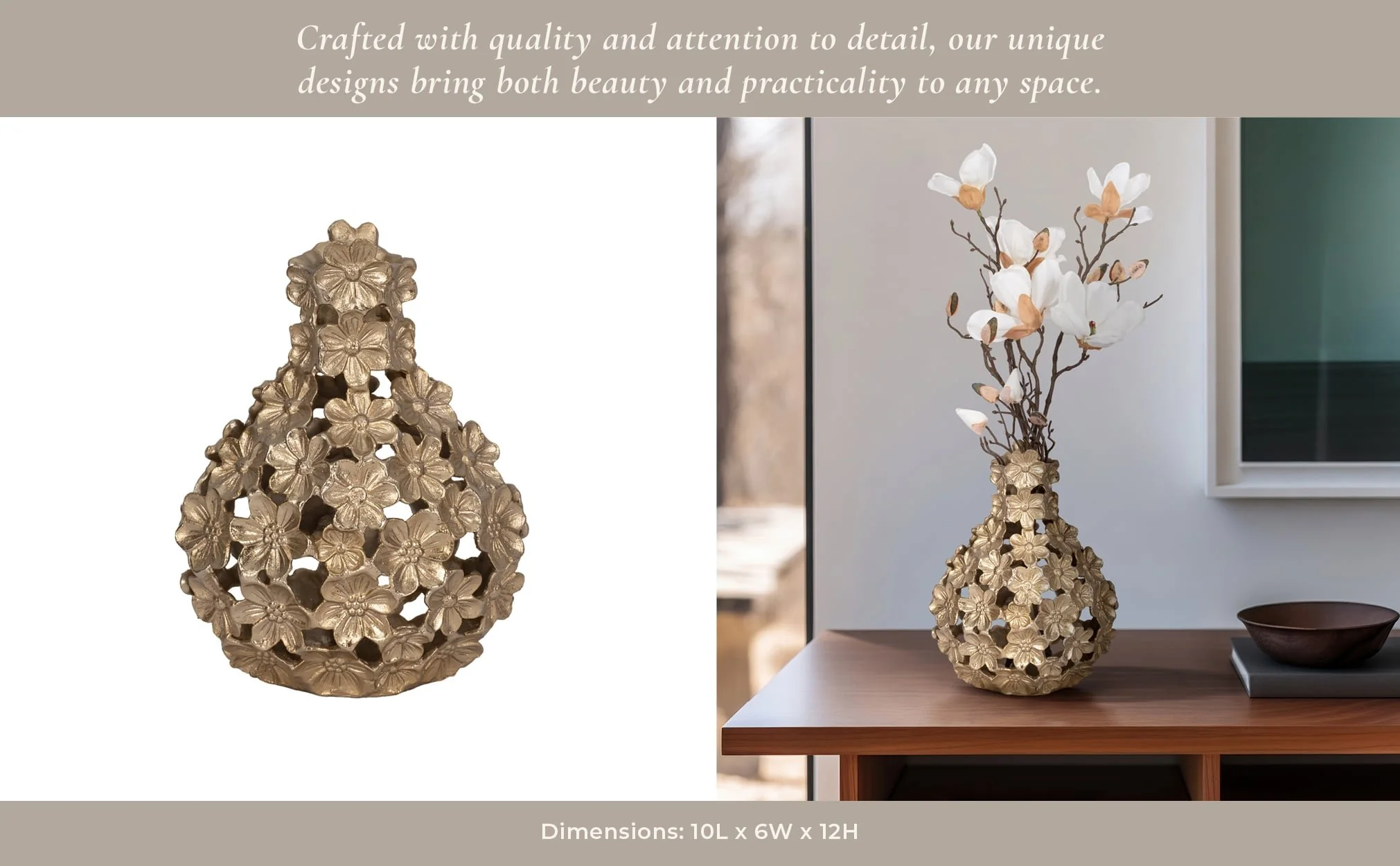 Metal, 12" Cut-out Flower Vase, Champagne - Image 12