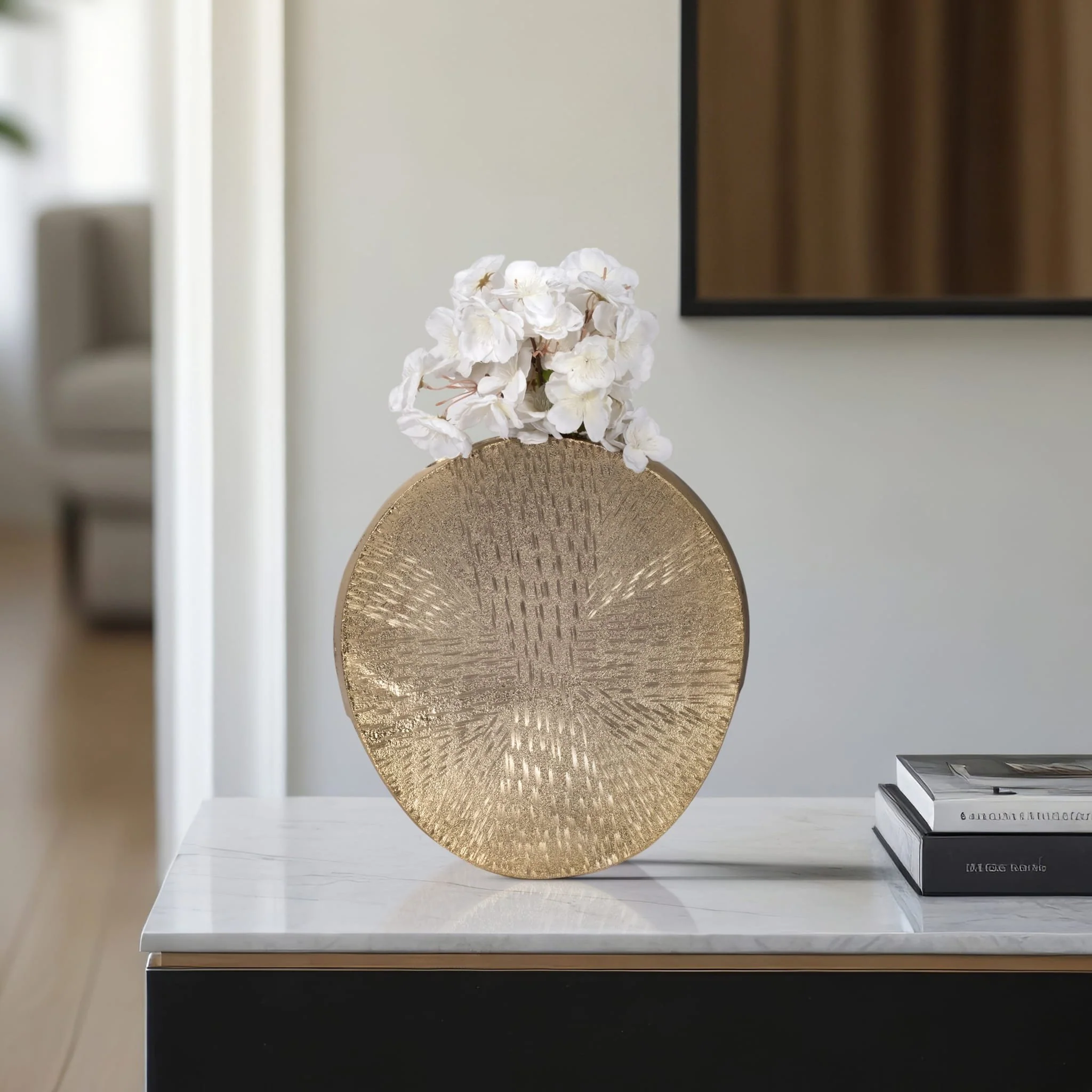 Metal, 12" Etched Oval Vase, Champagne - Image 10