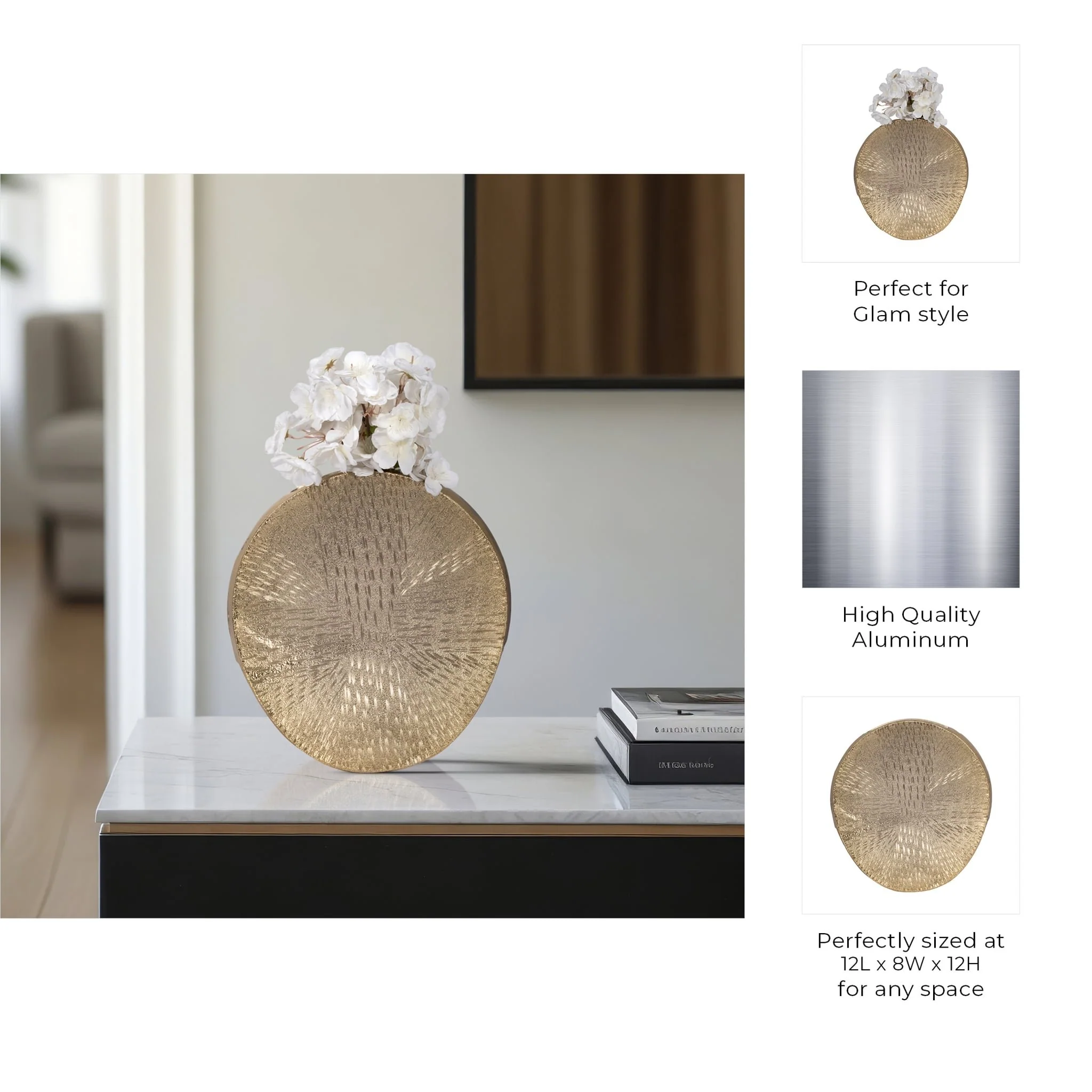 Metal, 12" Etched Oval Vase, Champagne - Image 9