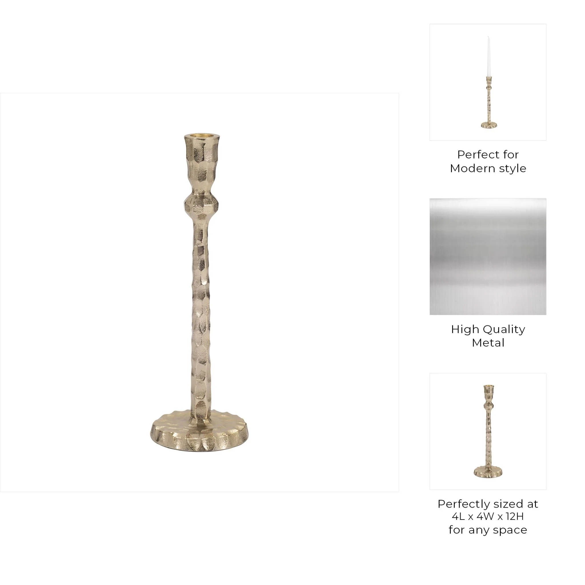 Metal, 12" Hammered Taper Candleholder, Gold - Image 9