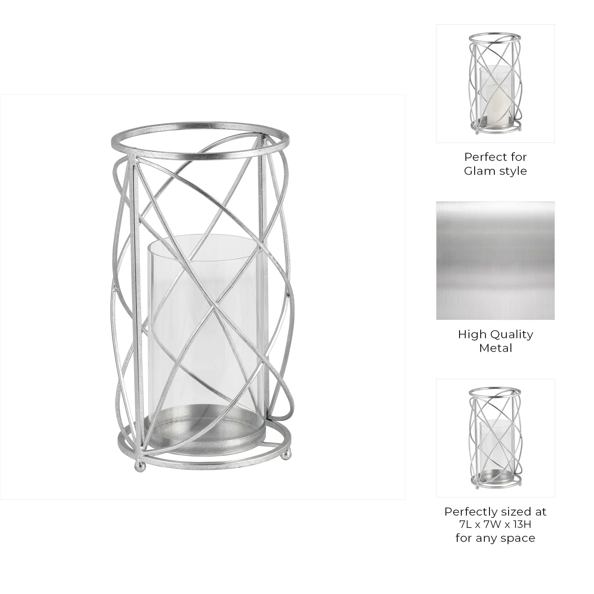 Metal 13" Hurricane Candle Holder, Silver - Image 10
