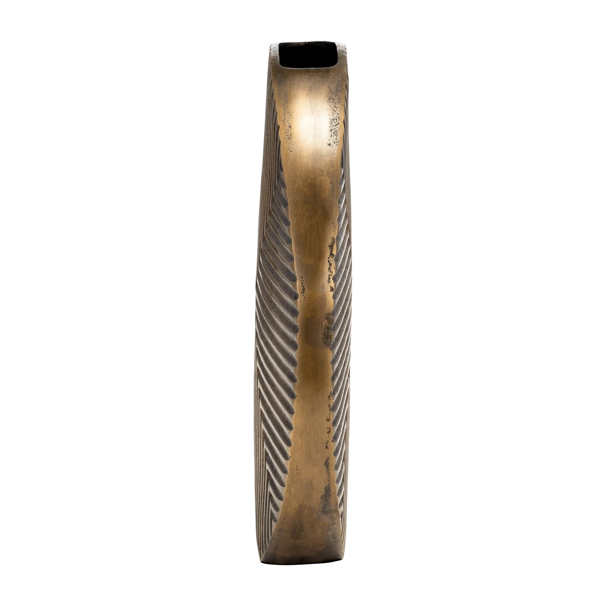 Metal, 13"h Round Ribbed Vase, Brass Antique - Image 3