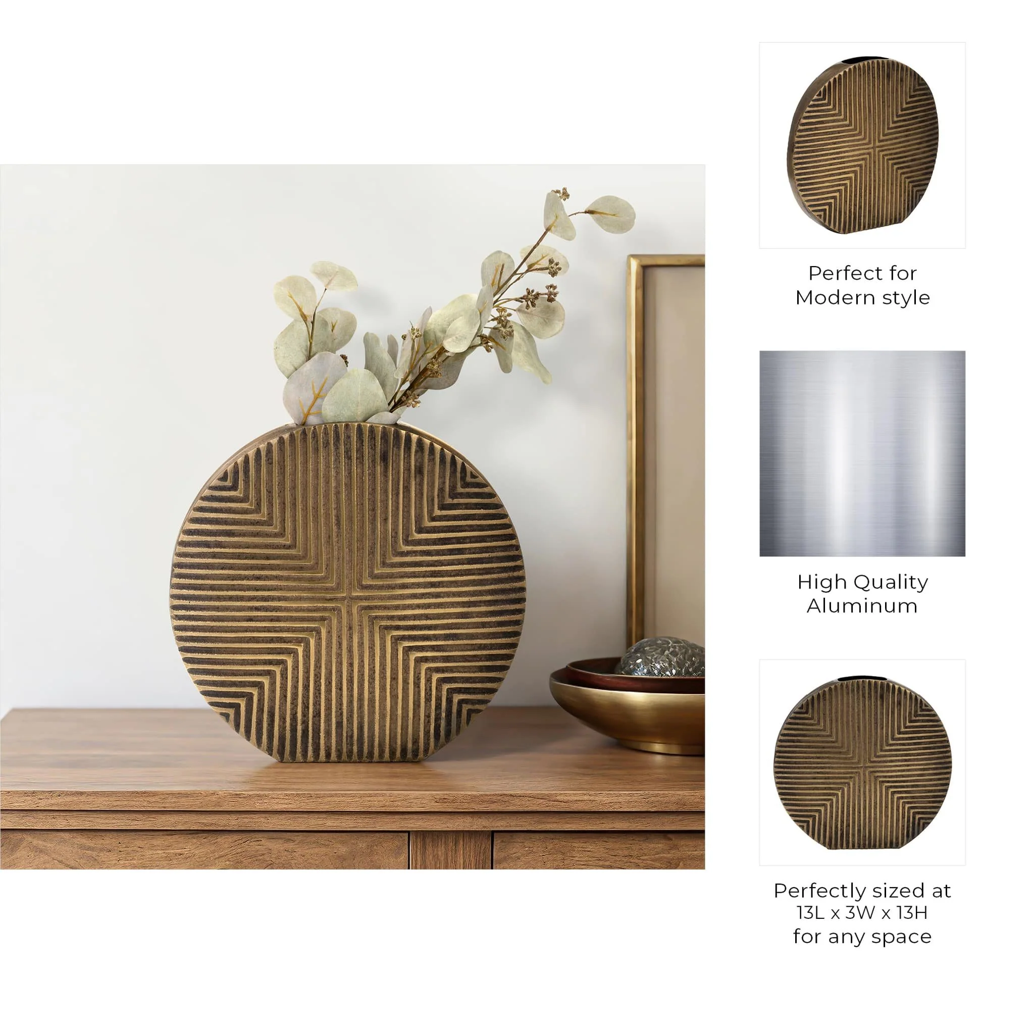 Metal, 13"h Round Ribbed Vase, Brass Antique - Image 9