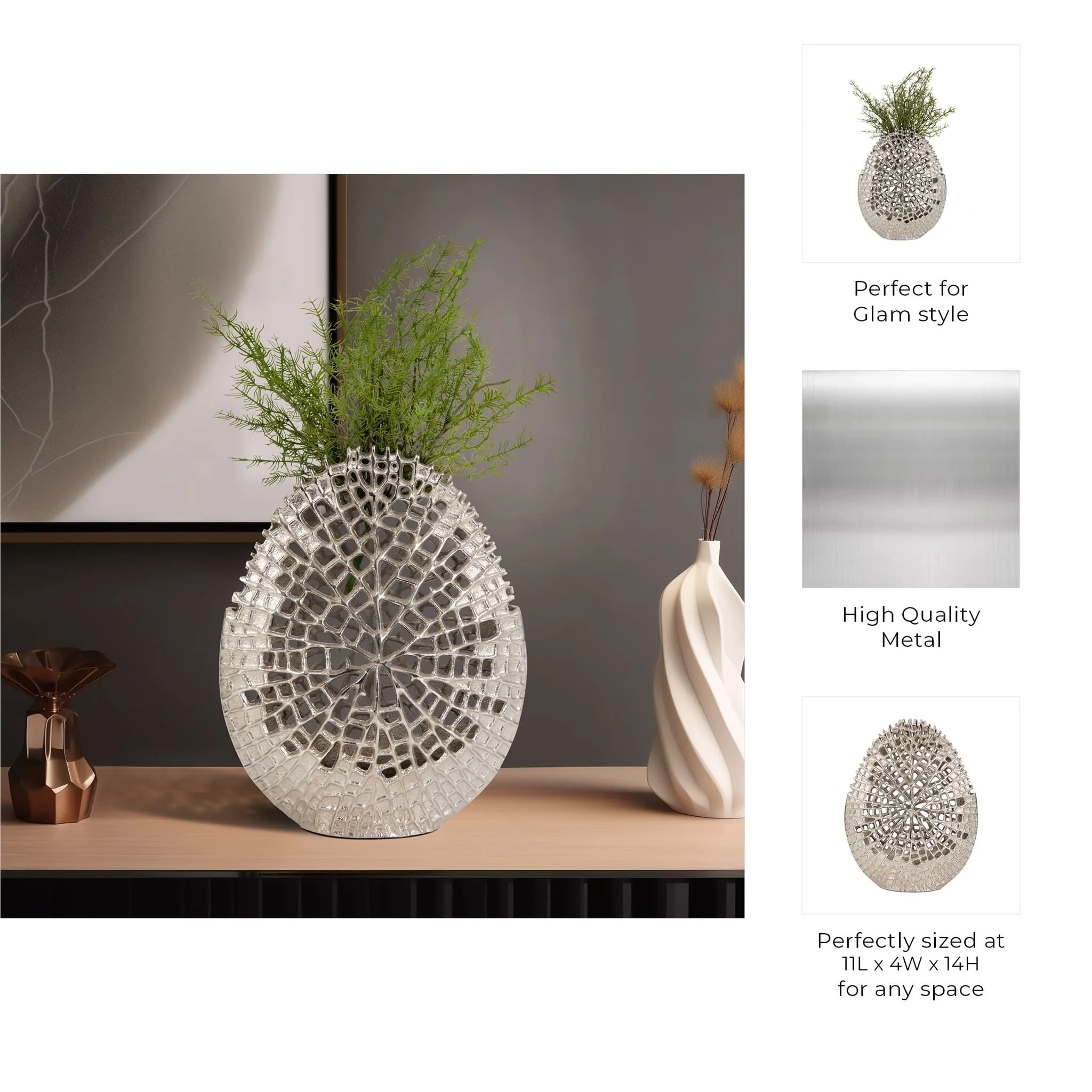 Metal, 14" Contemporary Vase, Silver - Image 10