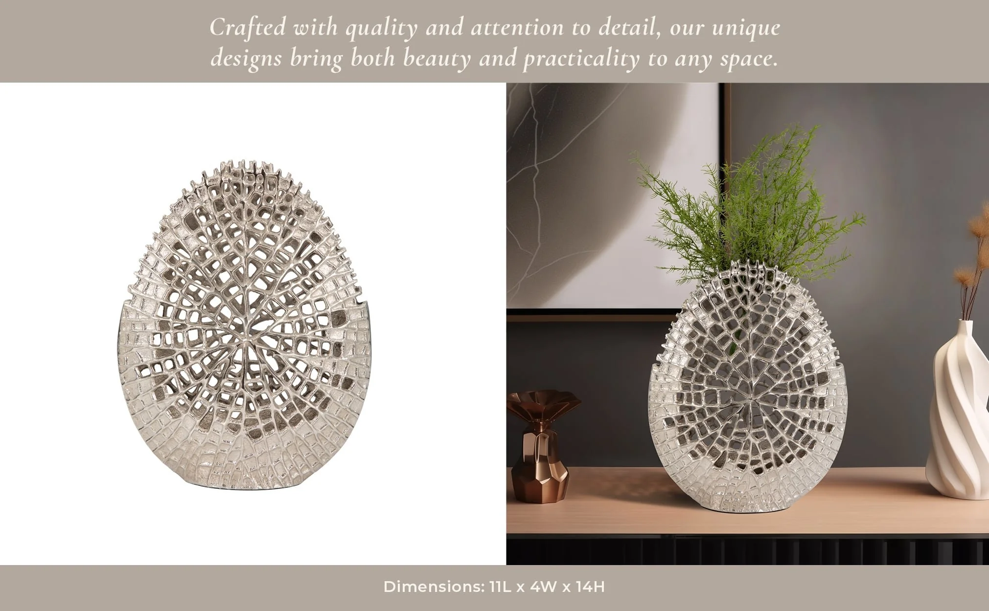 Metal, 14" Contemporary Vase, Silver - Image 12