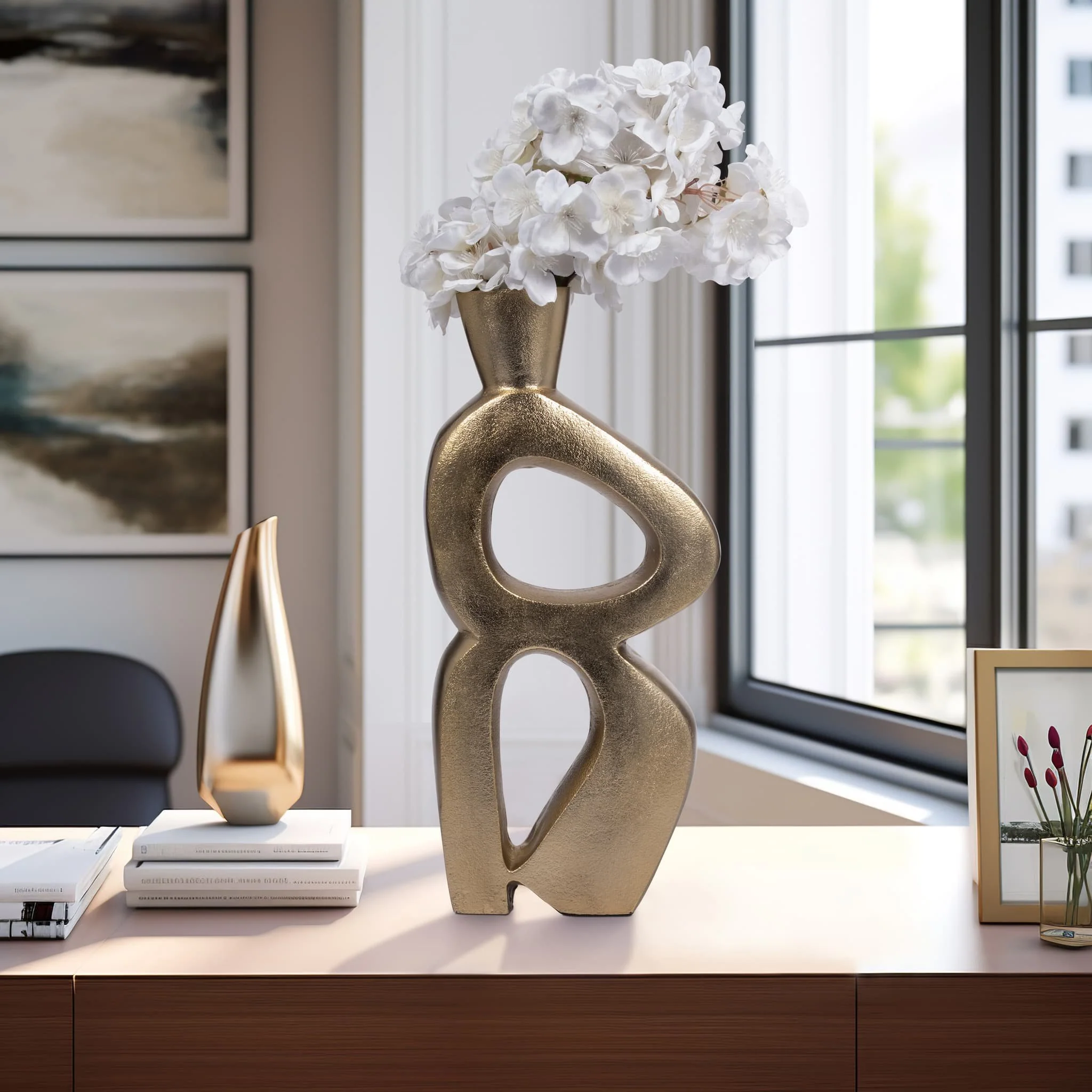 Metal, 15" Abstract Vase, Gold - Image 9