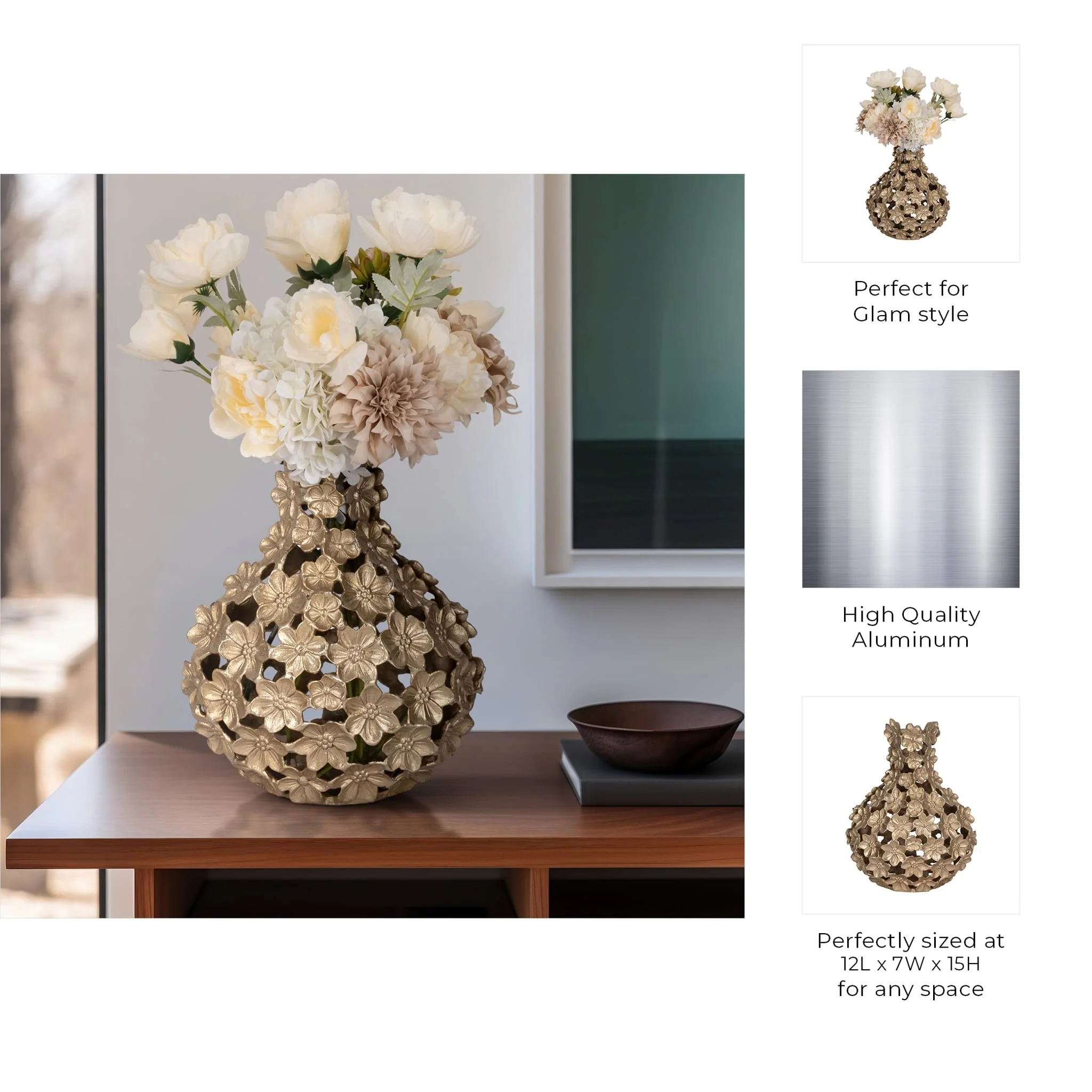 Metal, 15" Cut-out Flower Vase, Champagne - Image 10