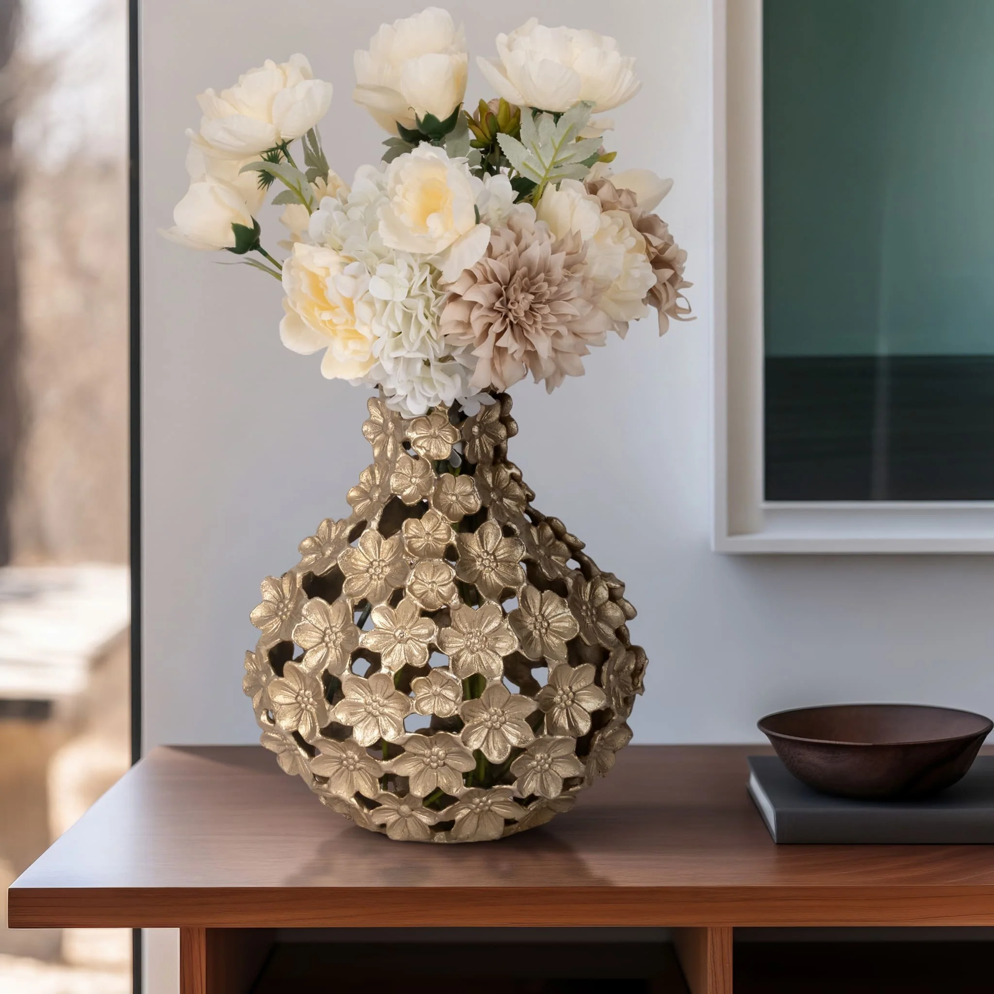 Metal, 15" Cut-out Flower Vase, Champagne - Image 11