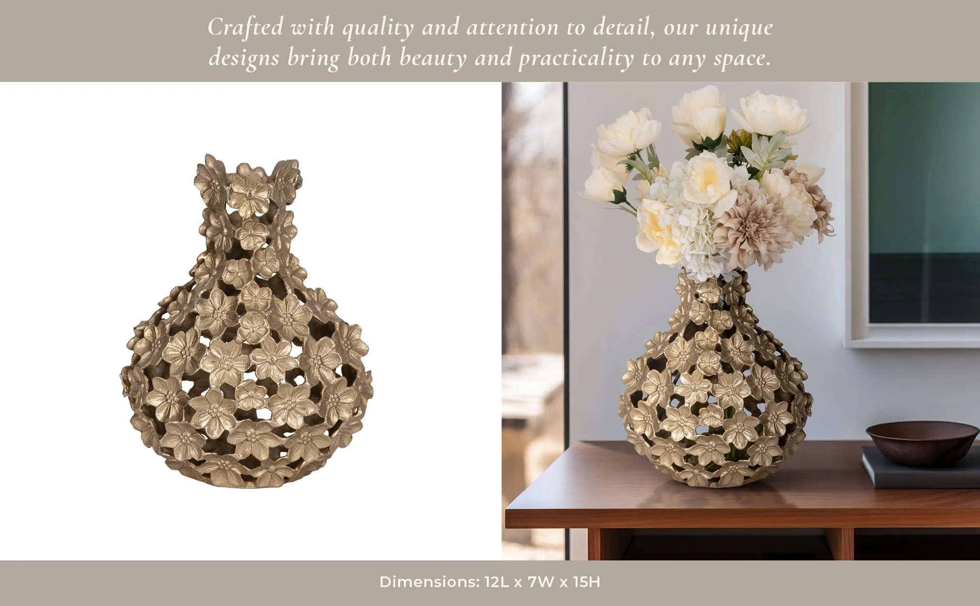 Metal, 15" Cut-out Flower Vase, Champagne - Image 12