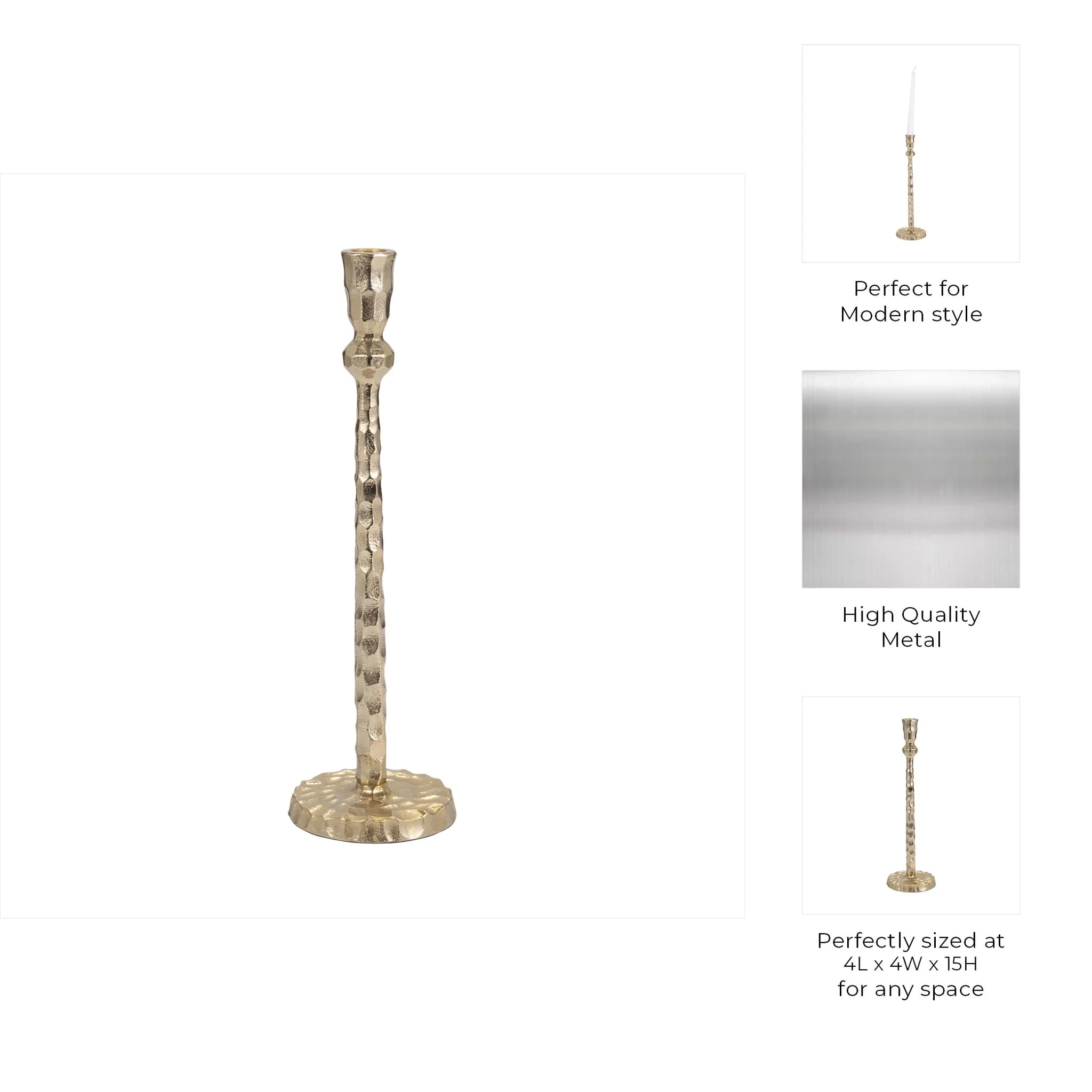 Metal, 15" Hammered Taper Candleholder, Gold - Image 9